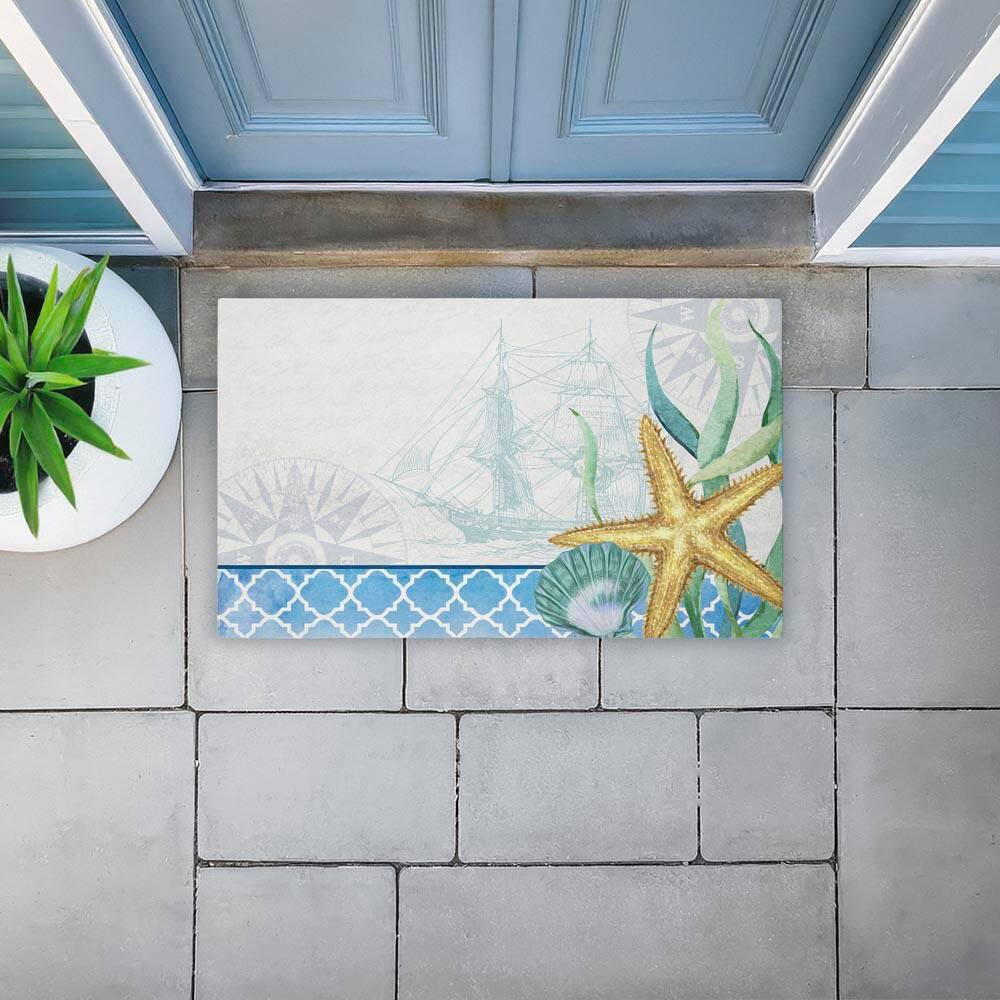 Bayside Sea Life & Ship Blue 18 In. X 30 In. Polyester Non-Slip Outdoor Door Mat