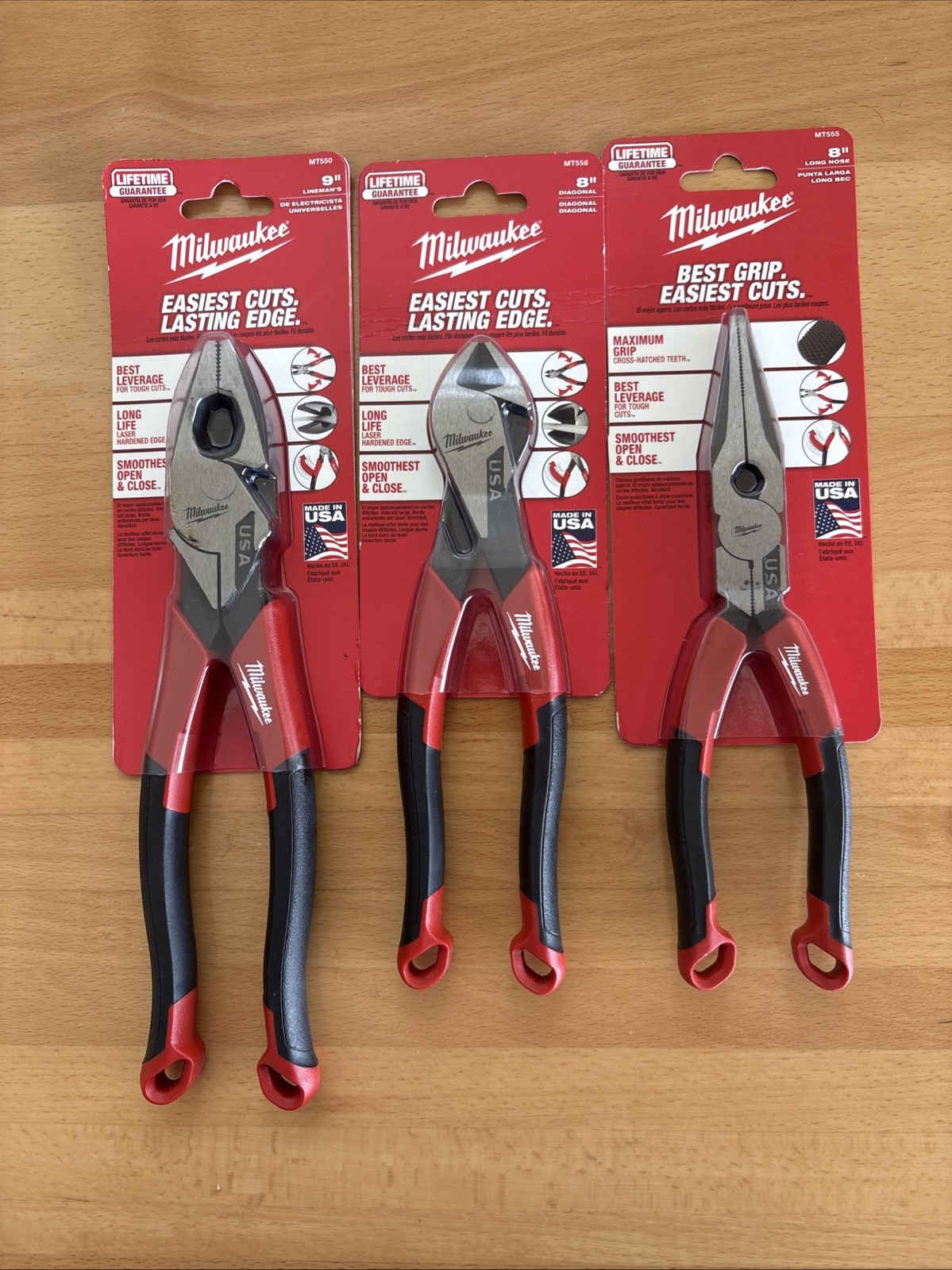 1 ea Milwaukee MT550 9" Lineman's Pliers ,MT555 8" Long Nose,& MT558 8" Diagonal