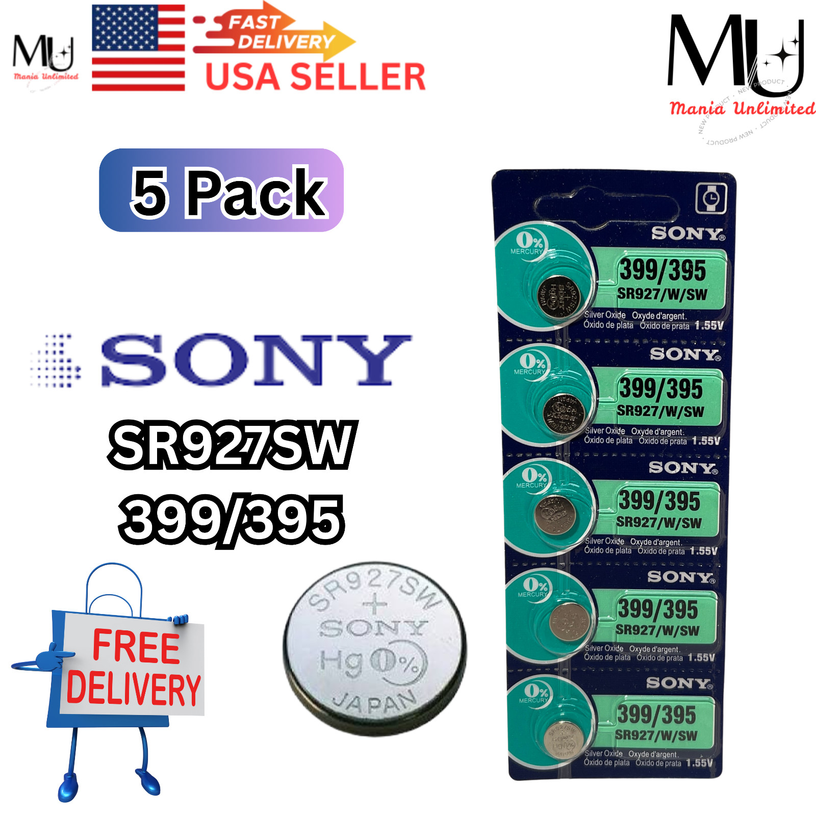 5 X PC SONY SR927SW 399 395 1.55V Coin Battery for Watch Exp Date 12-2031