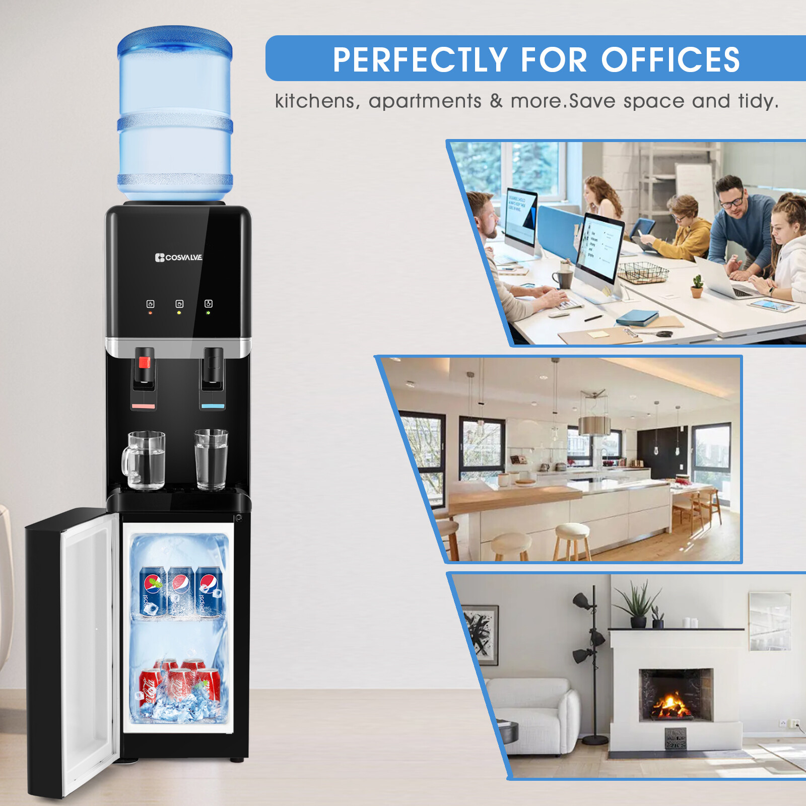 Top Loading Hot/Cold Water Cooler Dispenser Compressor Refrigeration w/ Freezer