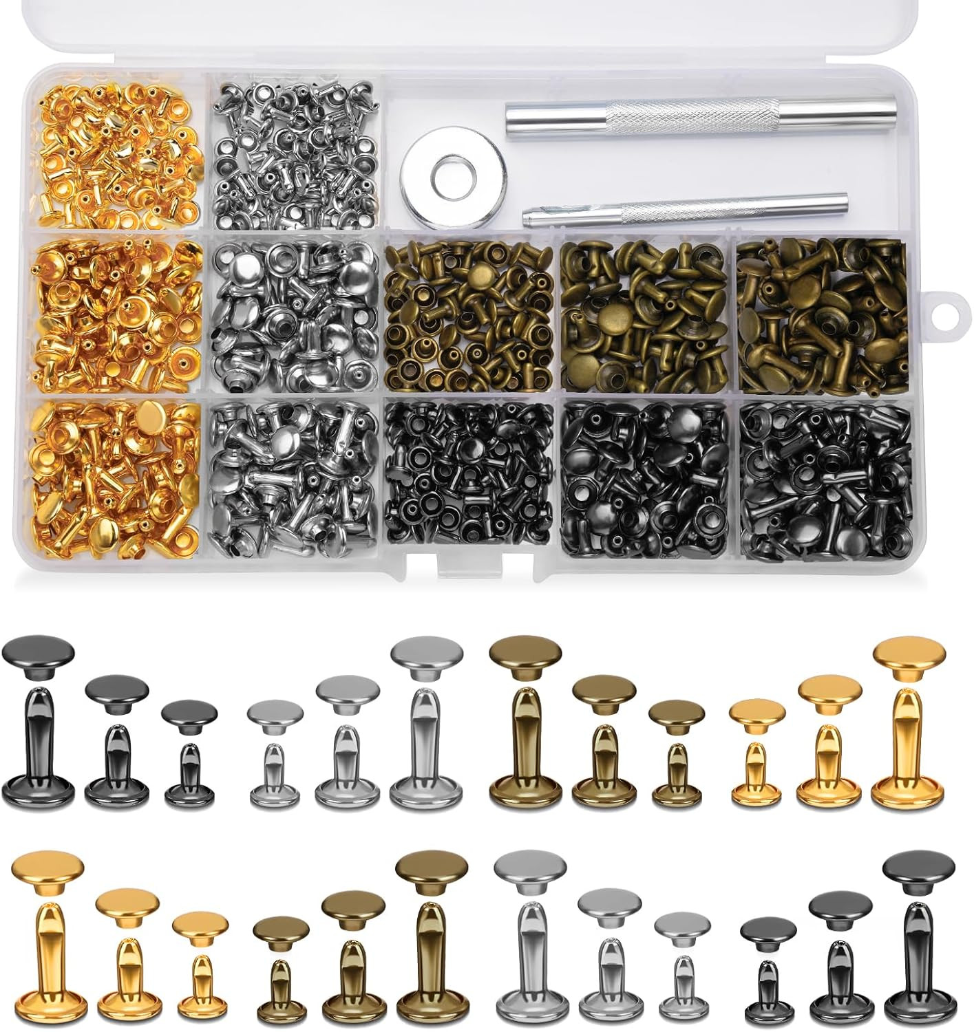 240 Set Leather Rivets, 4 Colors 3 Sizes Double Cap Rivet, Rivets for Leather wi