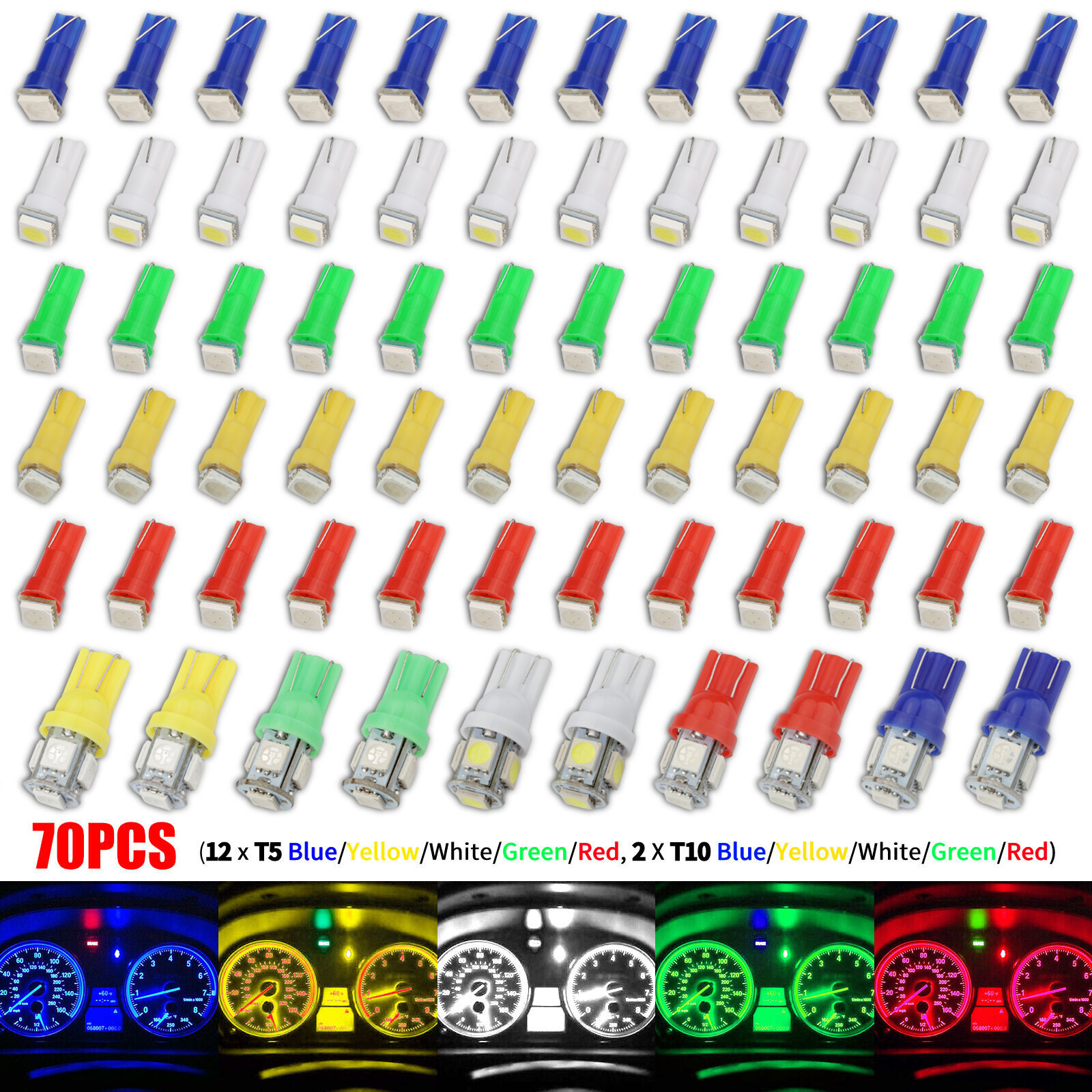 70PCS T5 T10 5050-SMD LED Speedometer Instrument Gauge Cluster Dash Light Bulbs