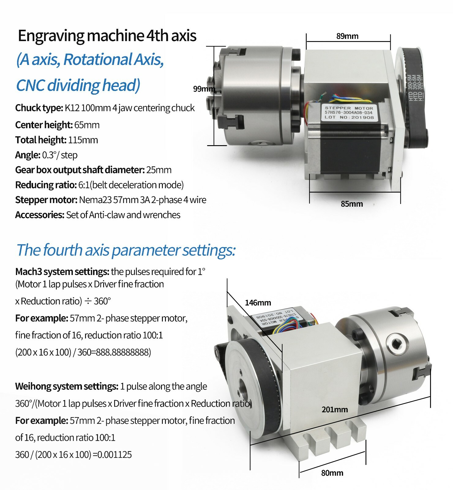 K12-100mm CNC A 4th Axis 4 Jaw Chuck Rotation A-axis (Ratio 6:1) + Tailstock「US」