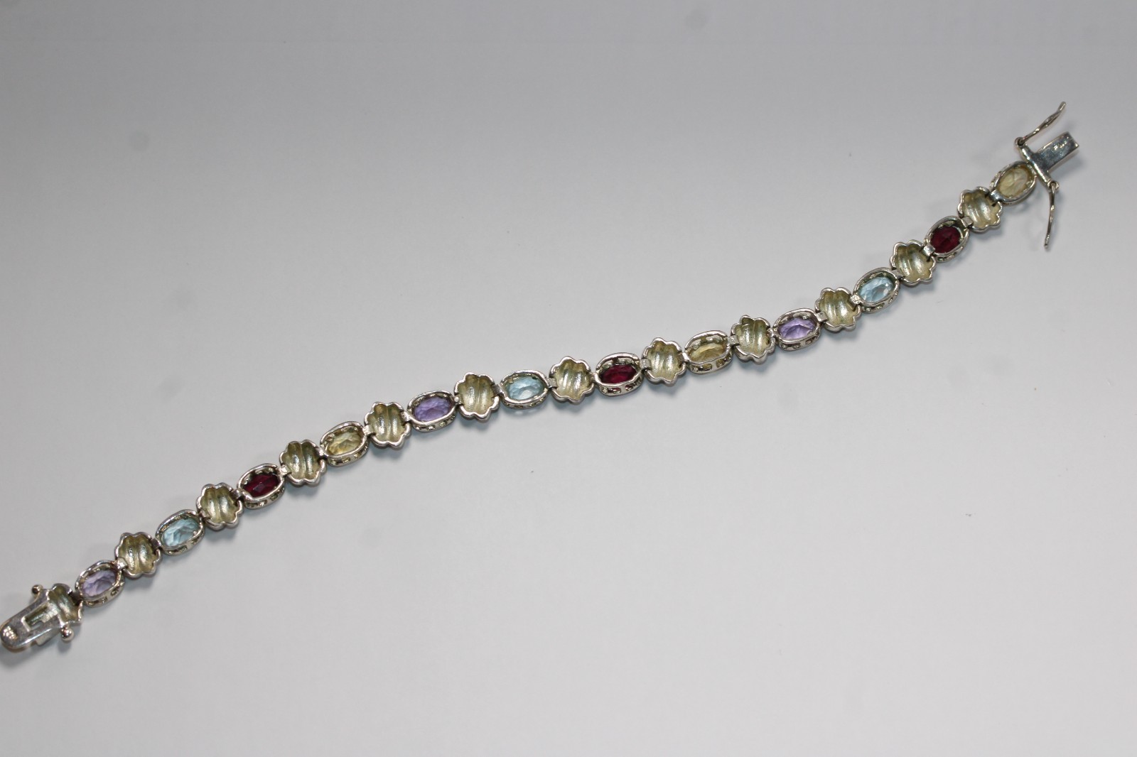 FAS Bracelet Multi Gemstone Tennis Vintage Sterling Silver 7" Chain #0085