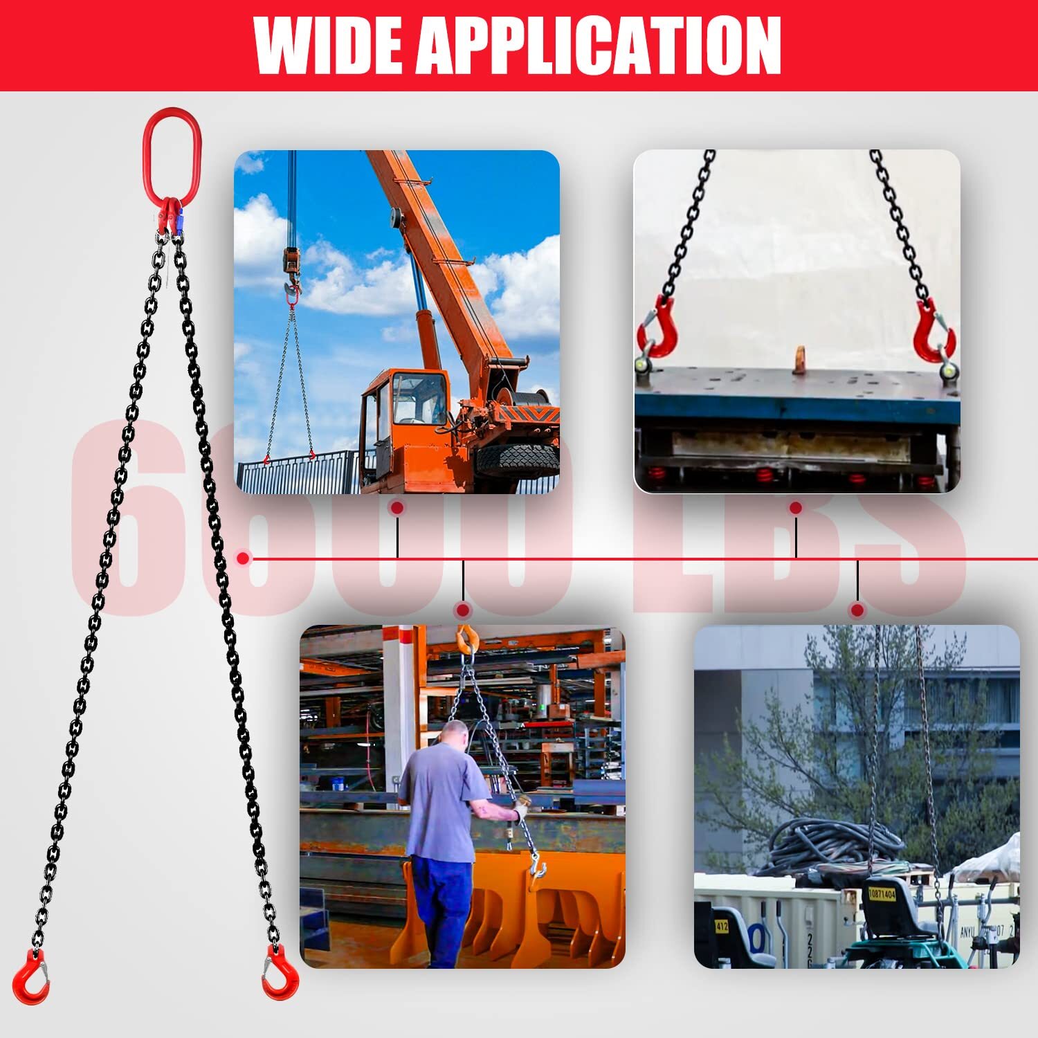 One 5/16" x 6' G80 Chain Lifting Sling 2 Legs 3T/6600lbs Capacity w/Grab Hooks