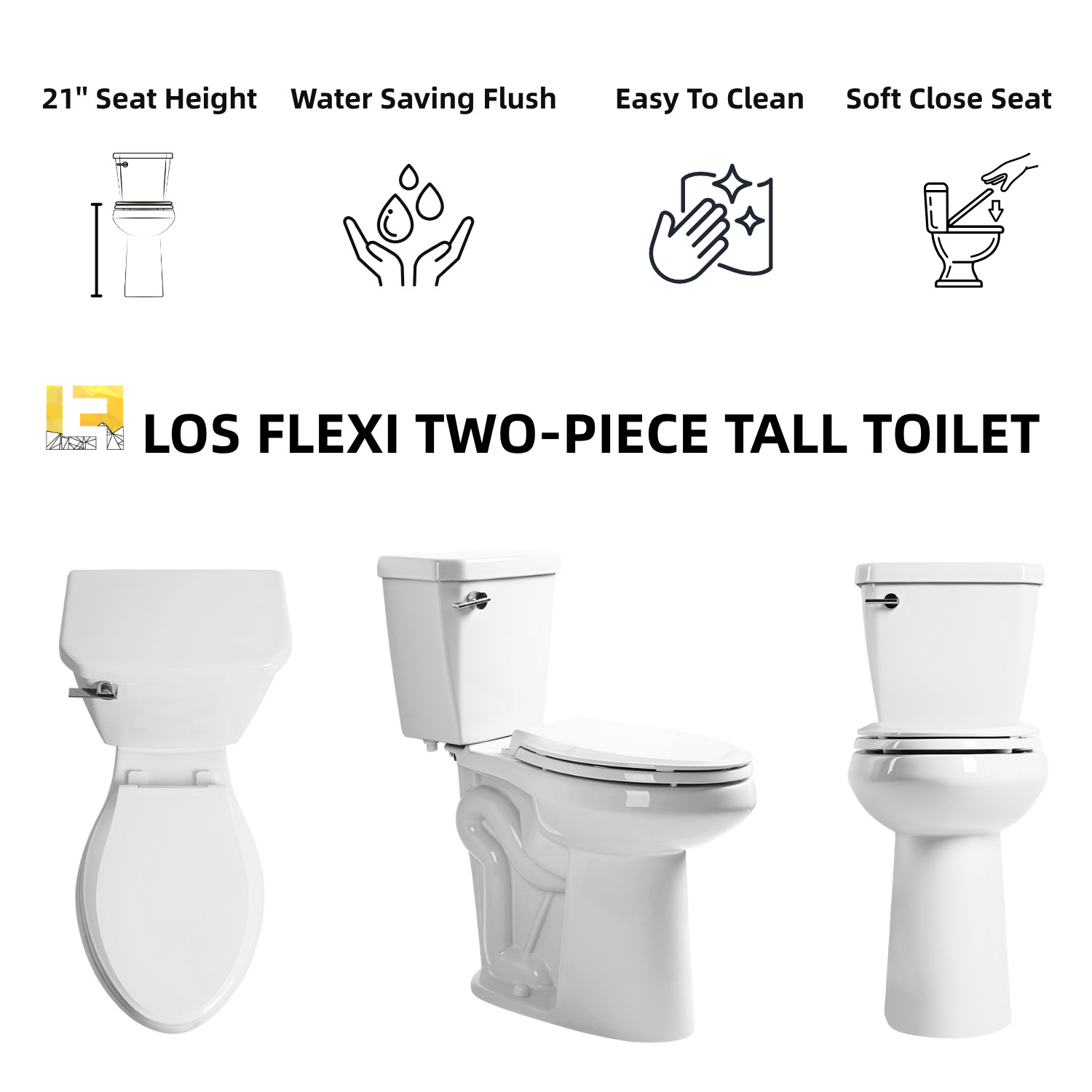 21" Extra Tall Toilet for Seniors, Elongated Bowl, 1.28 GPF, Soft-Close Seat