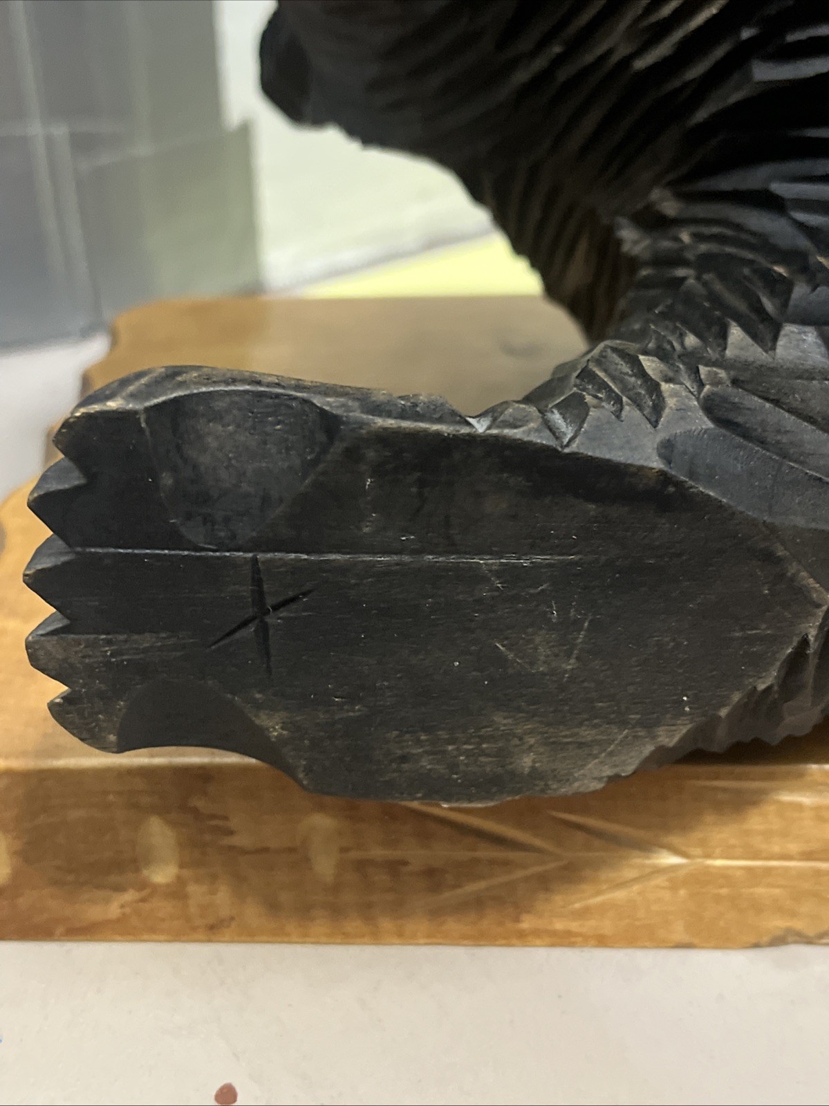 Japanese Style 13” W x 7” L x 9” T Wooden Ainu Bear With Salmon Statue With Base