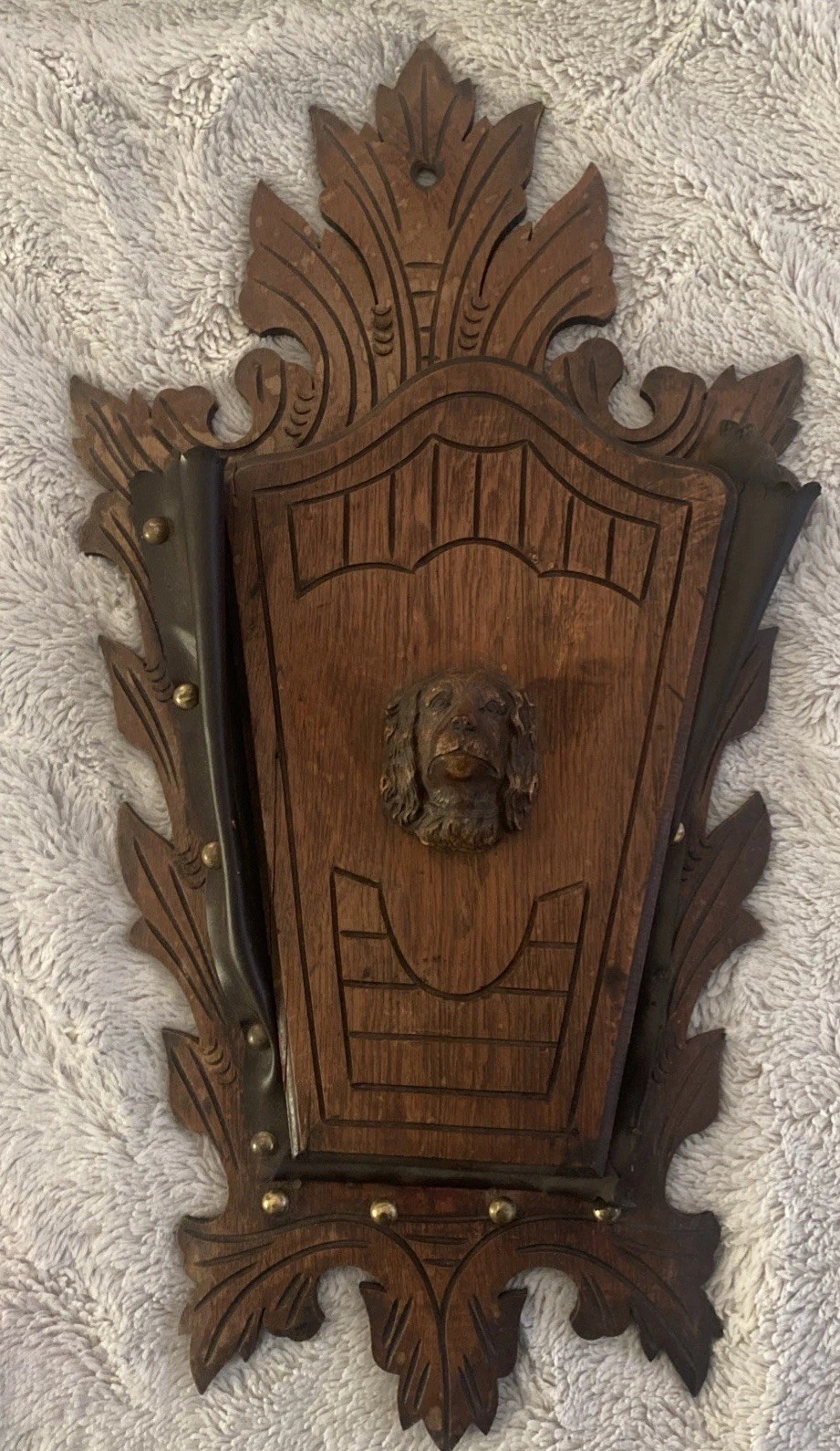 Antique Victorian Walnut Wall pocket Magazine Newspaper Rack Holder Spaniel Dog