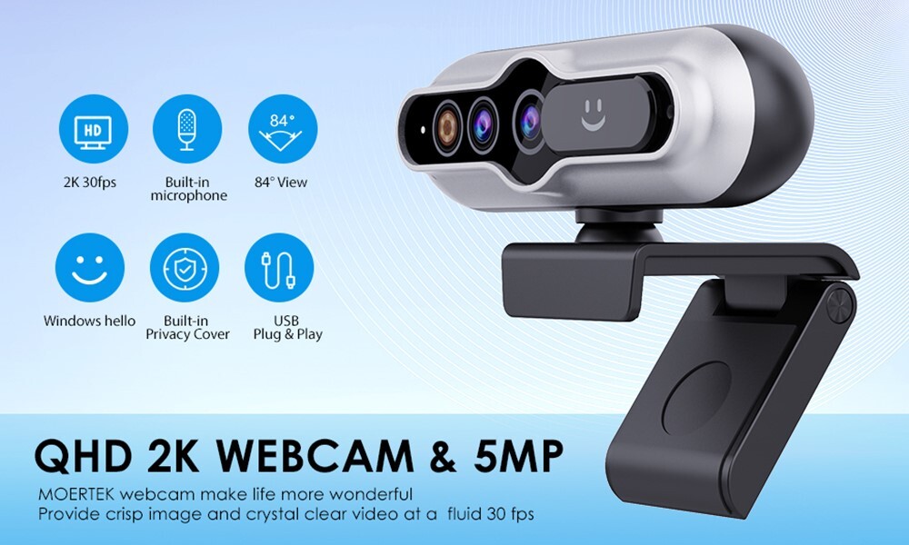 TOALLIN 2K QHD Webcam Auto-Focus Windows Hello Privacy Shutter with Microphone