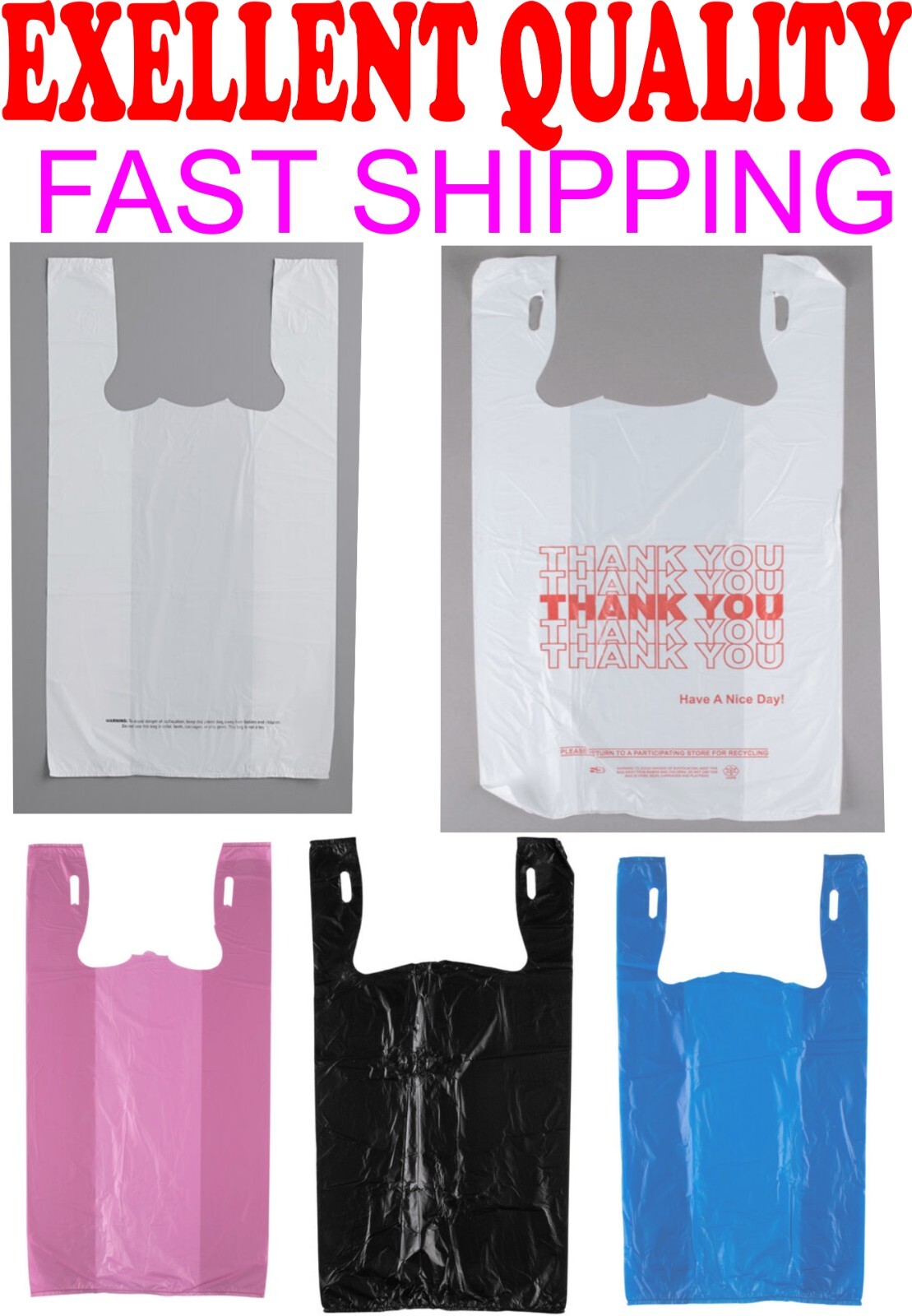 1/6 THANK YOU T-Shirt Bags 11.5"x6.5"x21"Plastic Shopping bags colors 100-1000