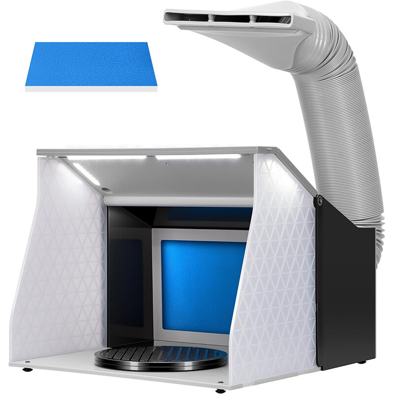 Airbrush Paint Spray Booth Kit Dual Fans w/ 4 LED Lights Turn Table, Filter Hose