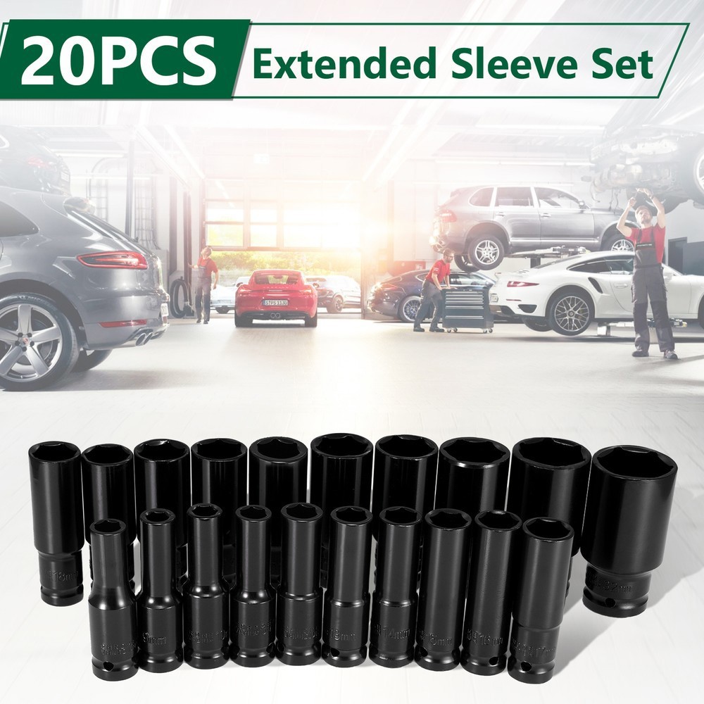 20PCS 1/2''Deep Impact Sockets Set Drive Metric 8mm-32mm Deep 6-Point Set w/case