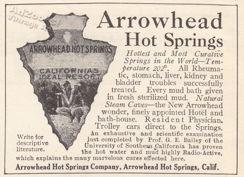 1912 Arrowhead Hot Springs Resort Print Ad – Cool Indian Drinking & Arrow Pix!