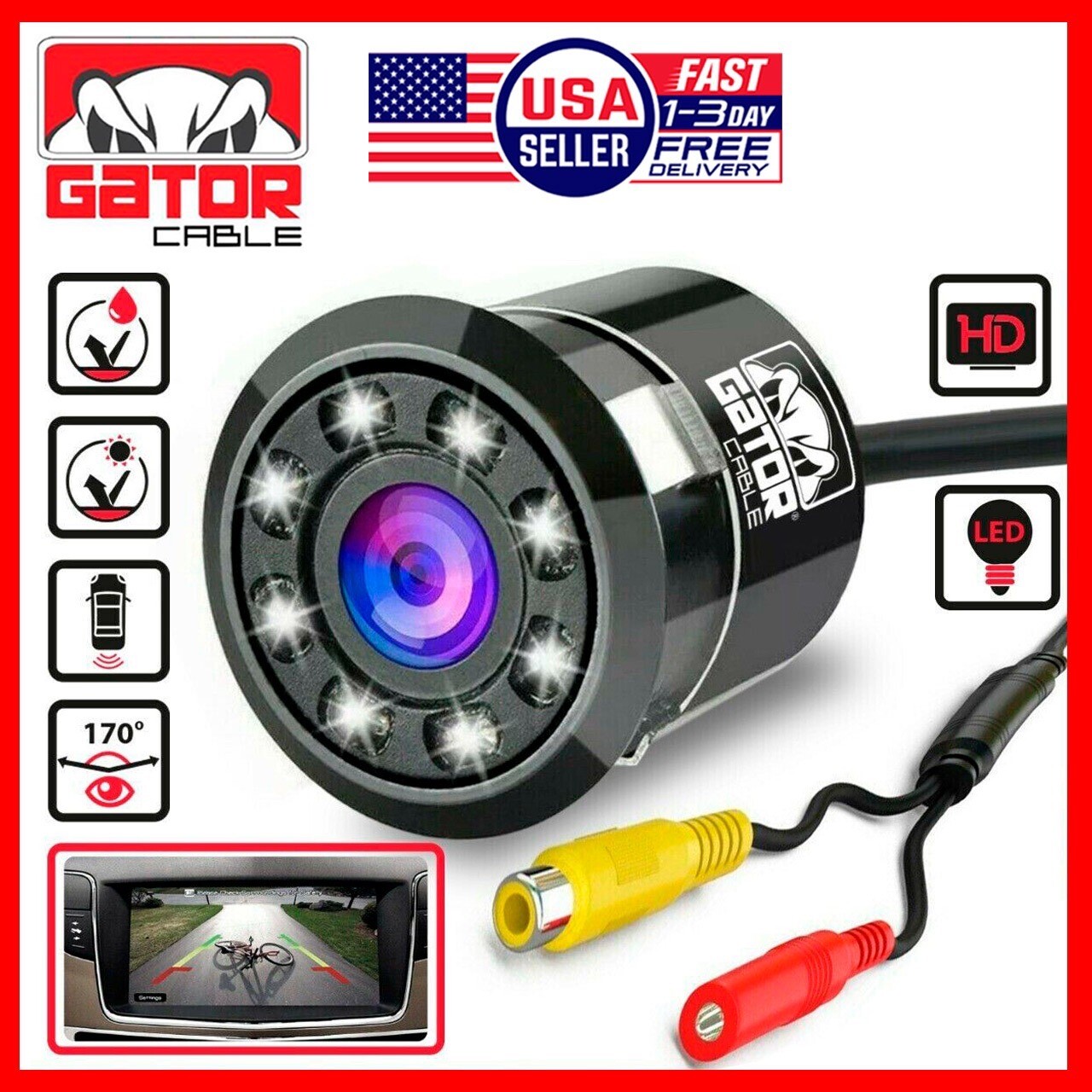 Car Rear View Backup Reverse Camera 170° CMOS 8 LED HD Night Vision Waterproof