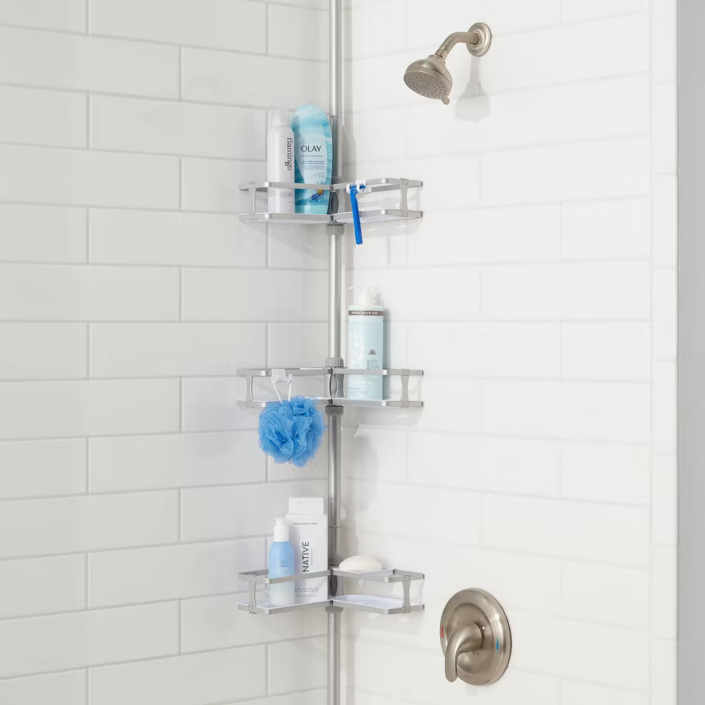 Threshold Tension Pole Aluminum Shower Caddy Bathroom Corner Shelf Organizer