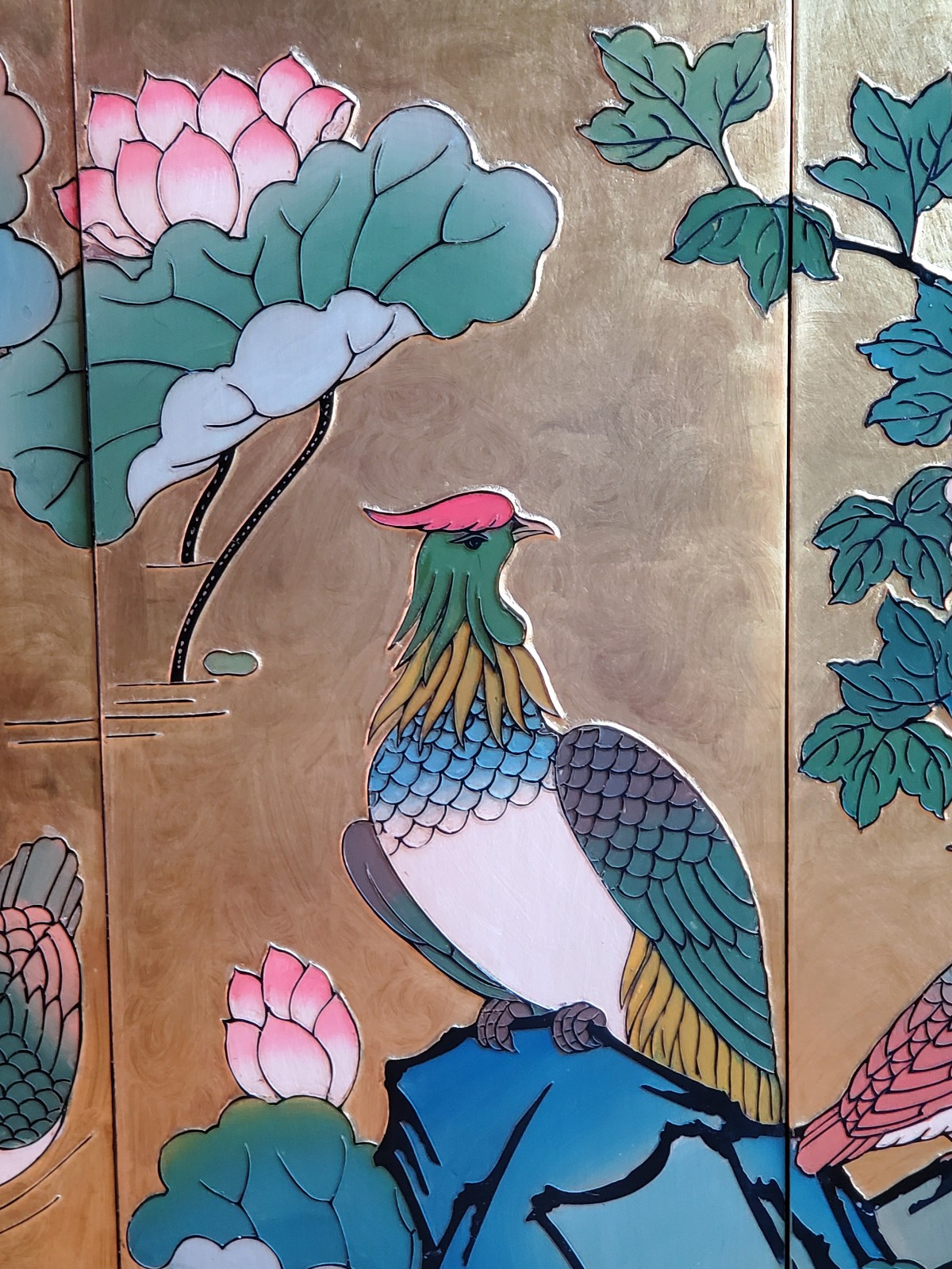 Gold Lacquered Chinese Screen 1960s Excellent Lotus Cranes Doves Flowers !