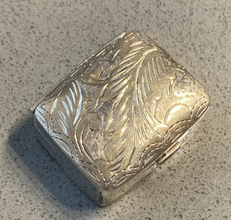 Vintage Engraved Sterling Silver Rectangle Pill Box
