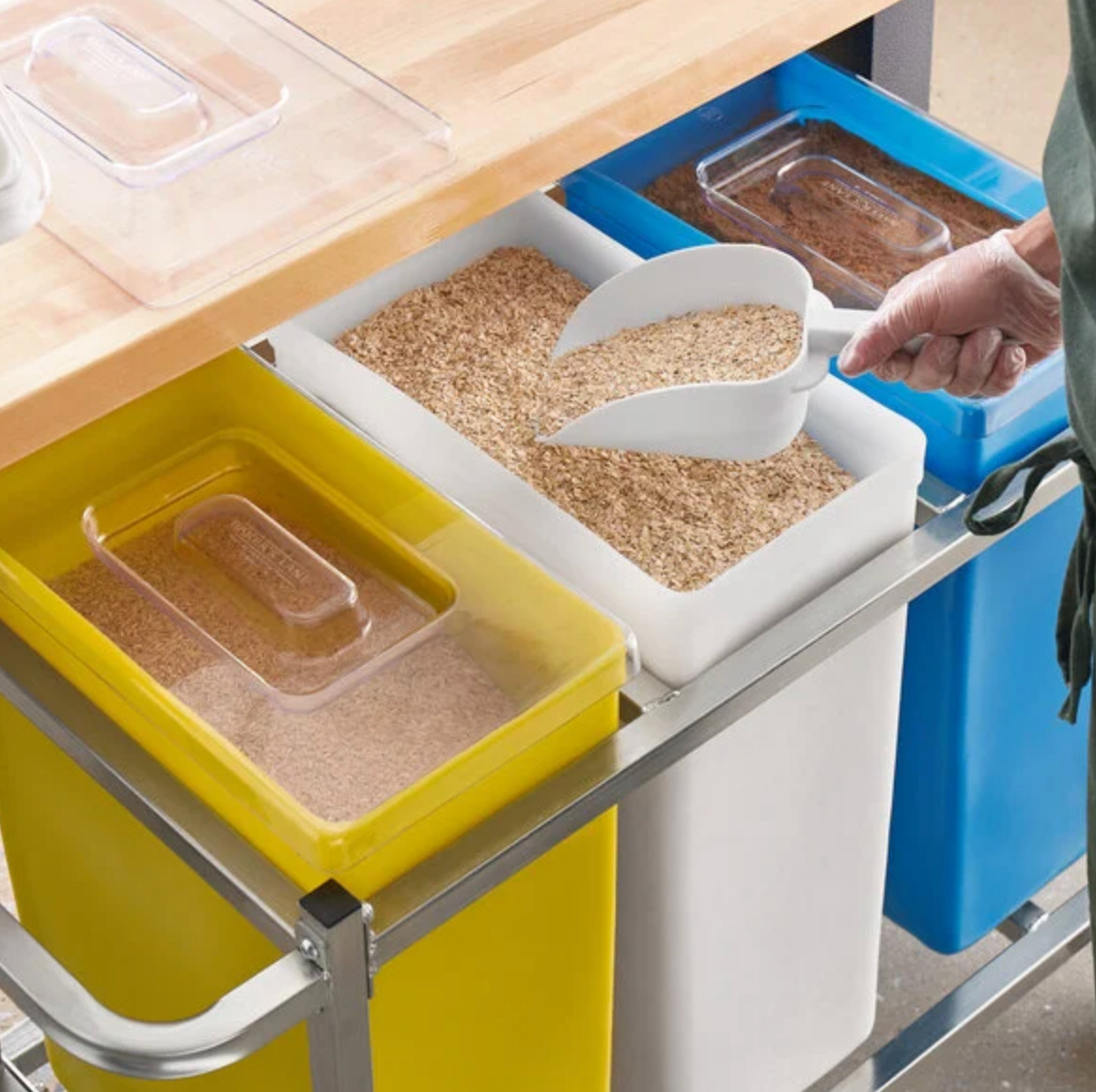 30 Gallon Triple Mobile Ingredient Bin Cart Blue White Yellow Food Storage 3118