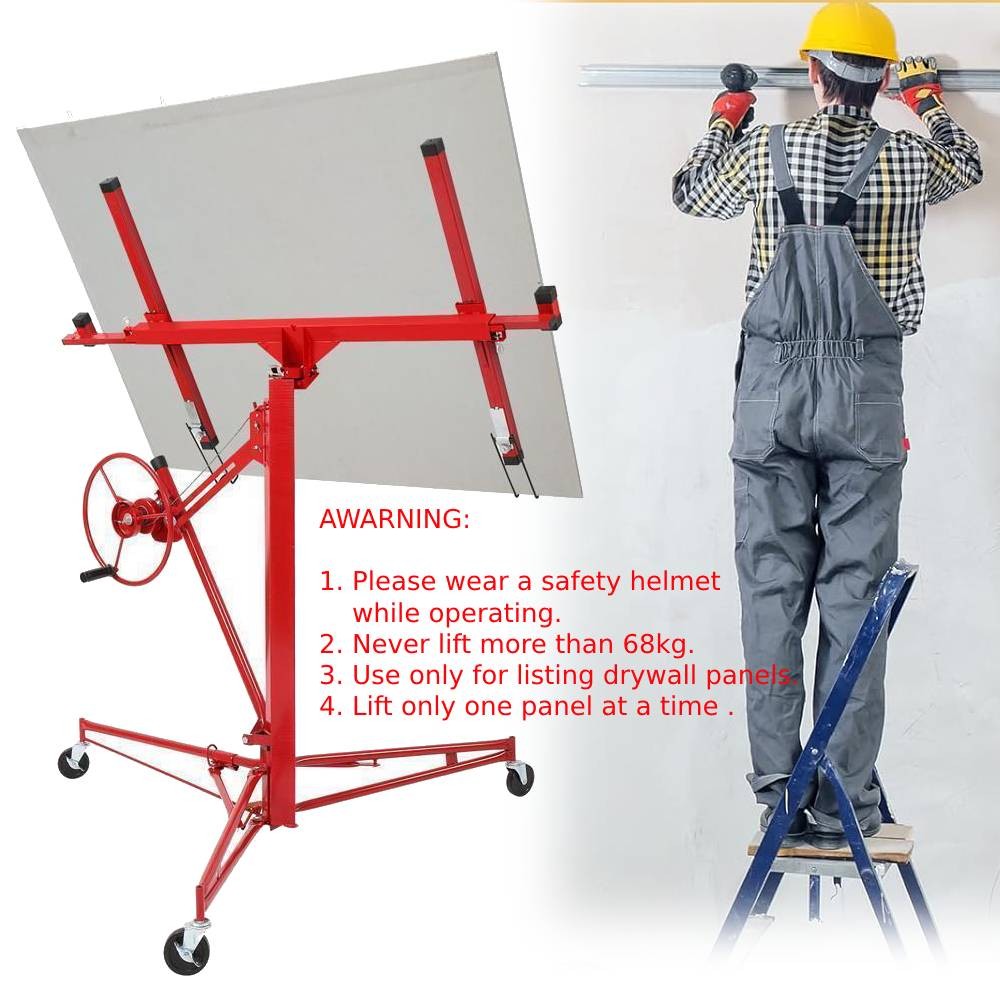 11 FT Drywall Rolling Lifter Panel Hoist Jack Lifter w/Lockable Wheels Steel Red
