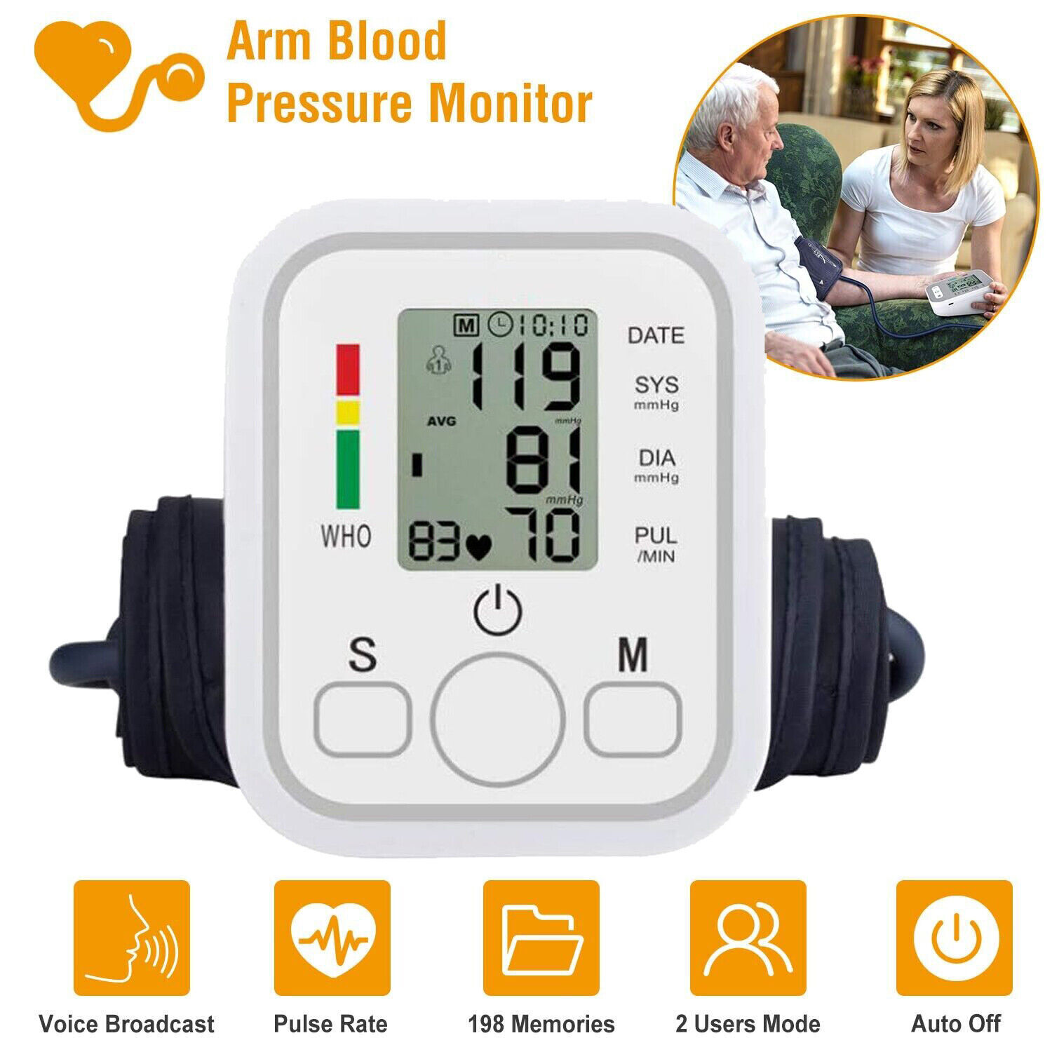 Digital Automatic Blood Pressure Monitor Upper Arm BP Machine Heart Rate Machine