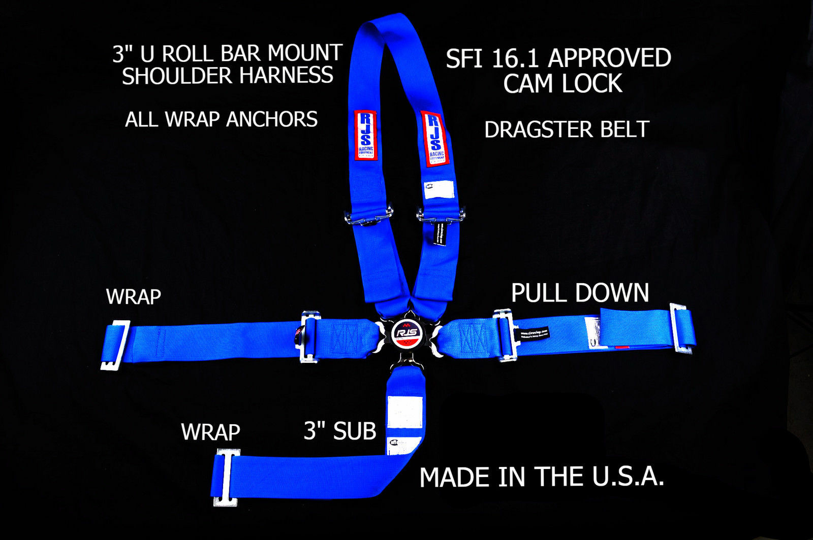 DRAGSTER HARNESS RJS RACING SFI 16.1 CAM LOCK U ROLL BAR MOUNT 5 POINT BLUE