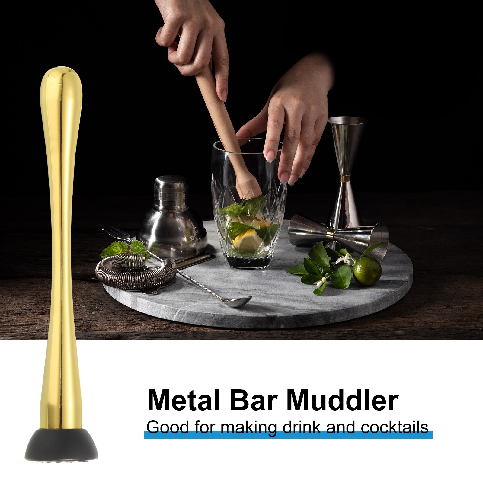 9 Inch Stainless Steel Cocktail Muddler Drink Muddler Bar Tool Gold