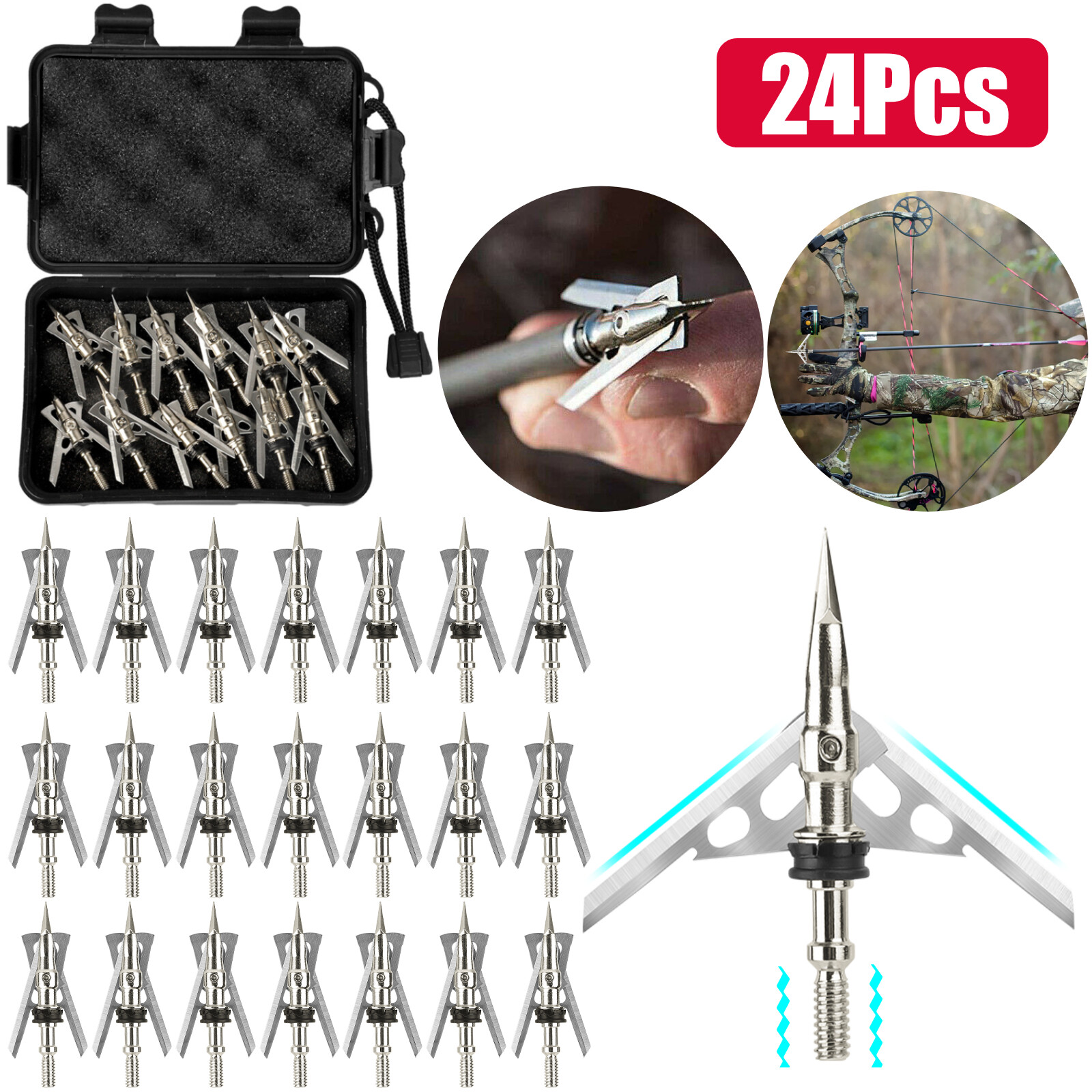 24Pcs 100Grains Archery Broadheads 2" Dia Expandable Hunting Arrowhead w/2 Blade