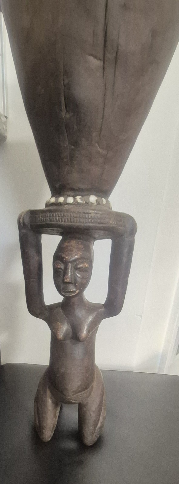 African Luba Female Wood Statue With Drum 21"H 7.5"W
