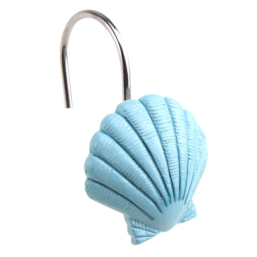 12Pcs Blue Decorative Seashell Bath Shower Curtain Hooks Bathroom Decor Rings