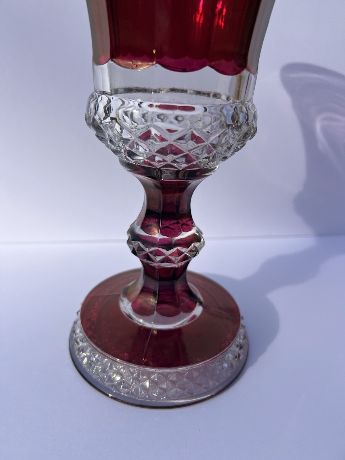 Antique 1890’s Victorian Ruby Flash EAPG 12 Panel Pedestal Celery Vase 10”
