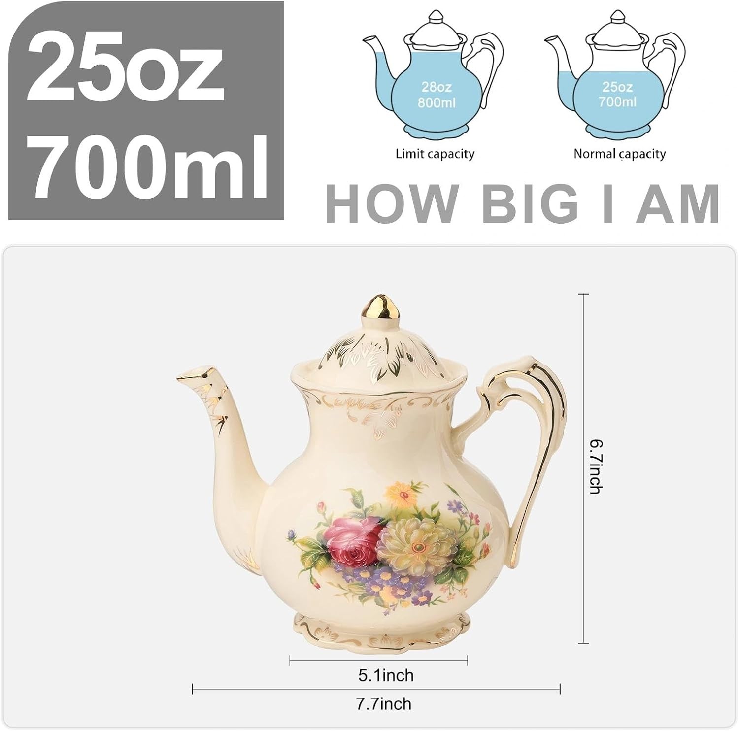 Ceramic Tea Pot 25 OZ/3 Cup Small Ivory Vintage Floral Porcelain Teapot