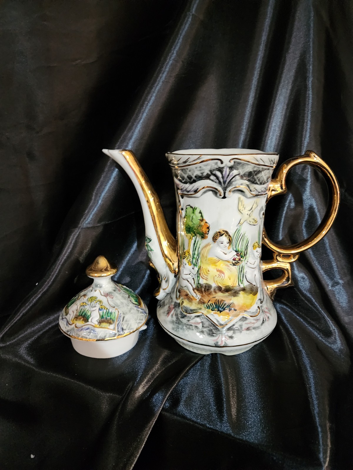 Vintage Pereiras Valado Porcelain Coffee Tea Set hand painted Portugal Cherubs