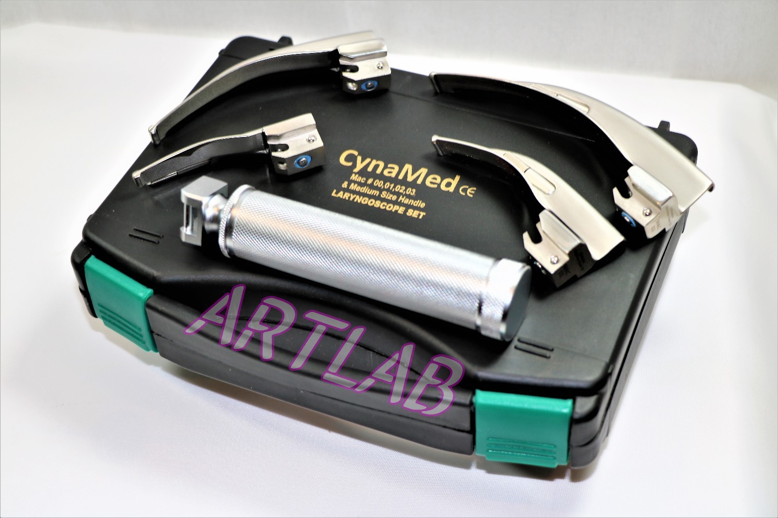 PREMIUM LARYNGOSCOPE SET OF 4 INTUBATION BLADES + MEDIUM HANDLE CYNAMED