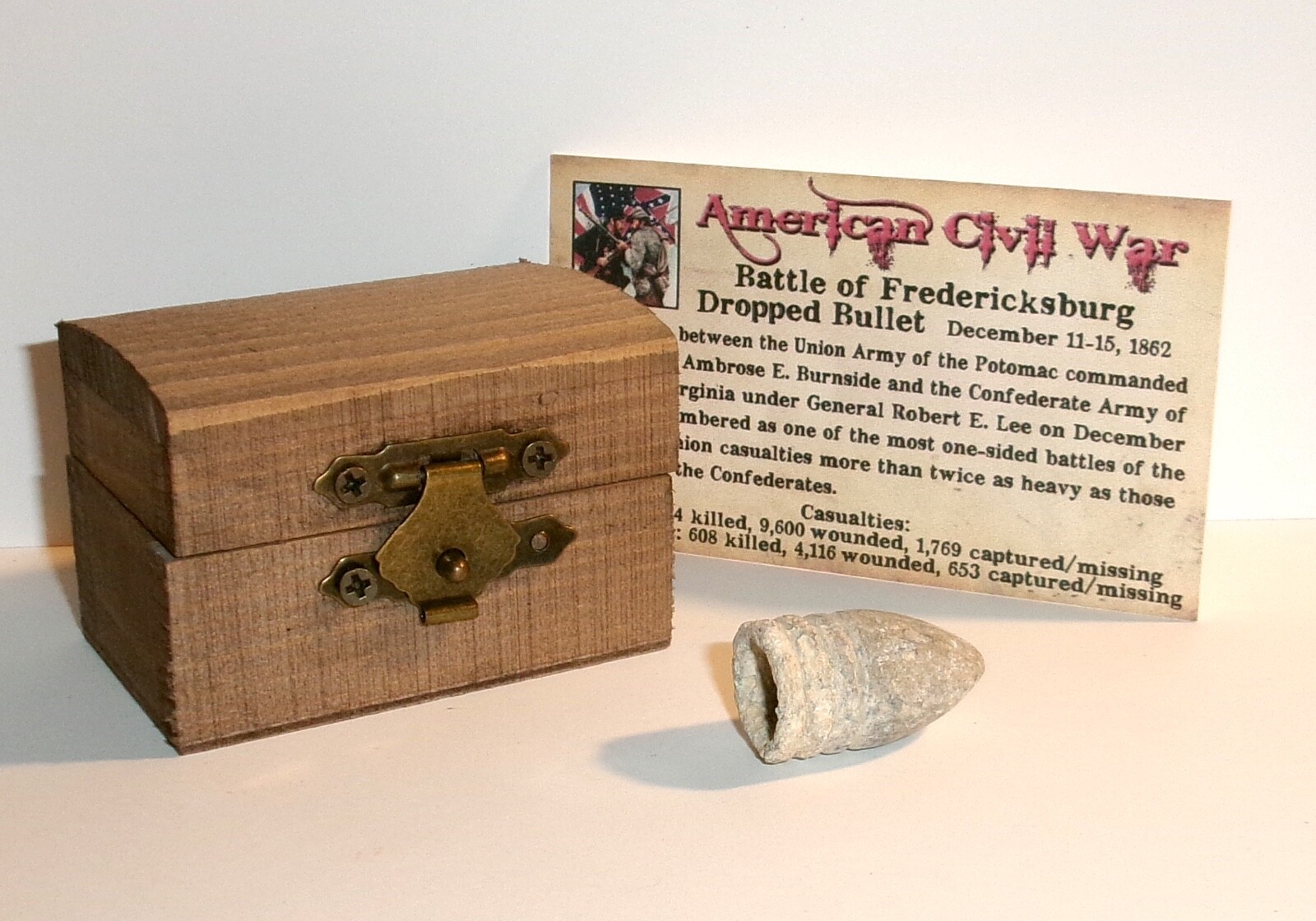 Civil War Bullet Battle of Fredericksburg, Wood Chest, Information Card and COA