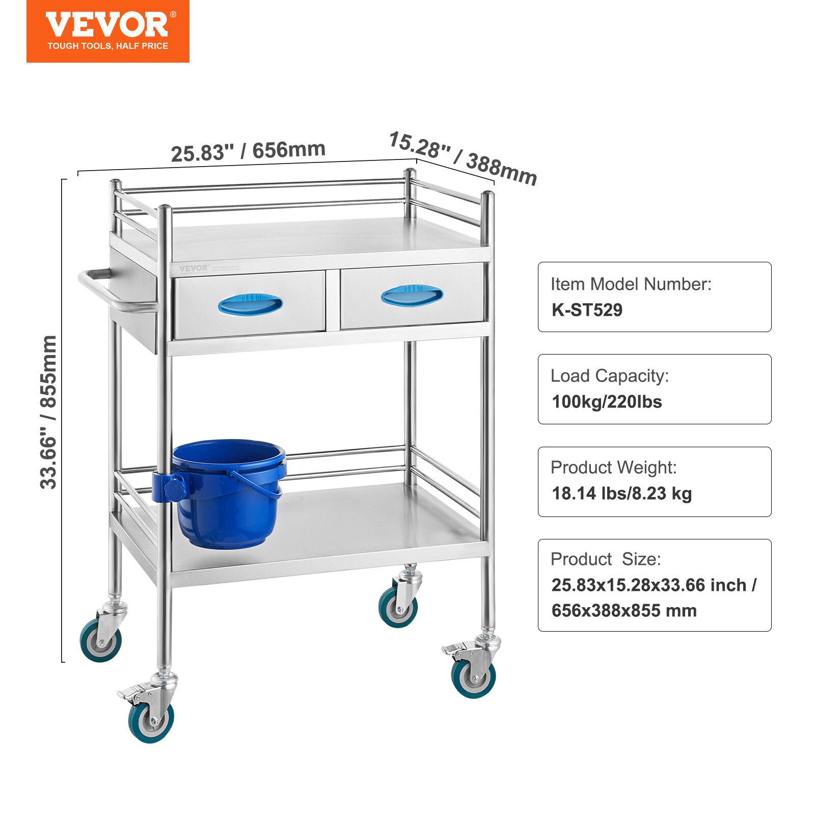 VEVOR Medical Dental Lab Serving Cart Trolley 2-Drawer Portable Stainless Steel