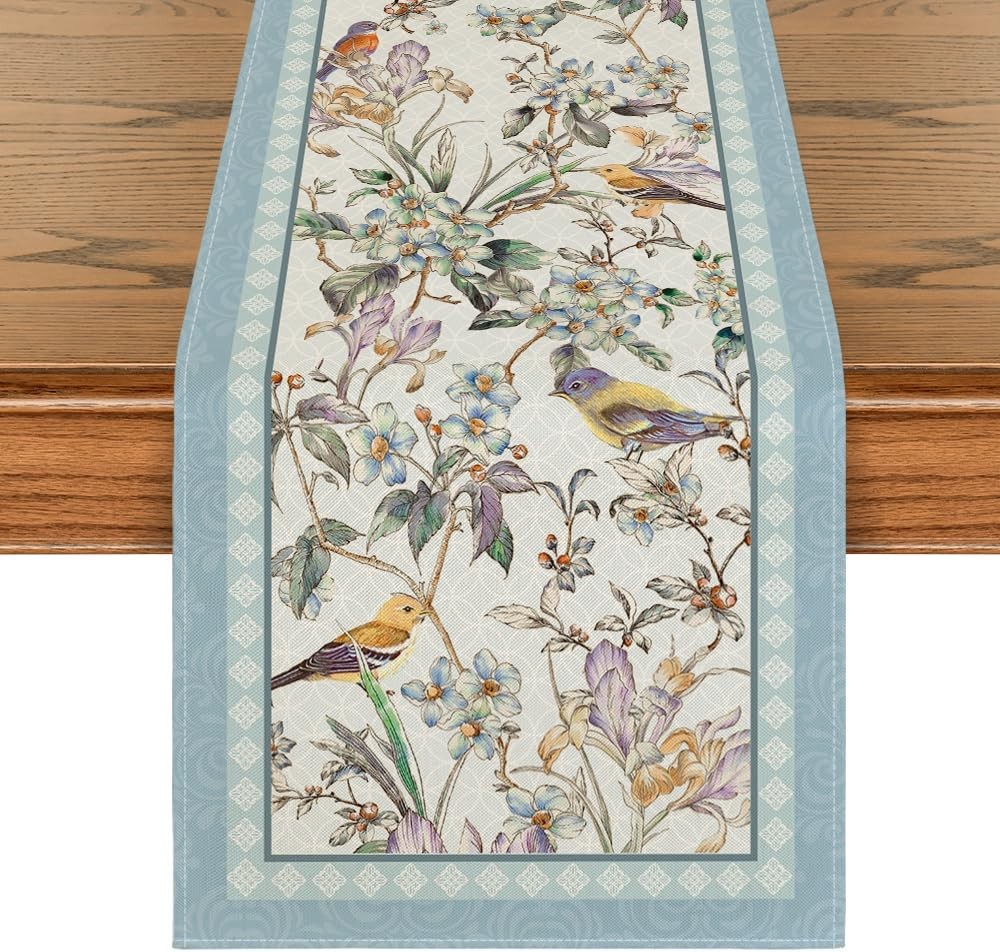 Artoid Mode Blue Birds Flowers Blossom Table Runner, Seasonal Spring Floral Kitc