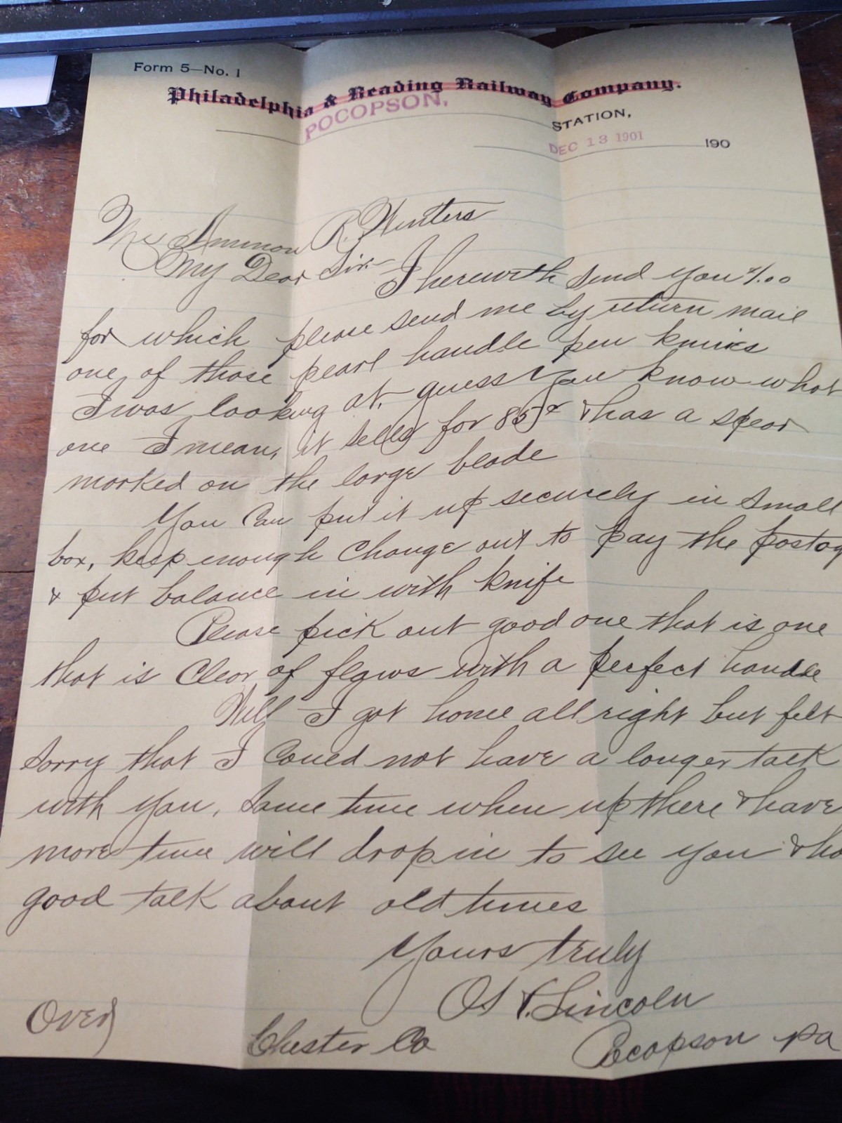 Postal Cover & Letter 1901 O.H. Lincoln ,Pocopson PA Phila. & Reading Railway