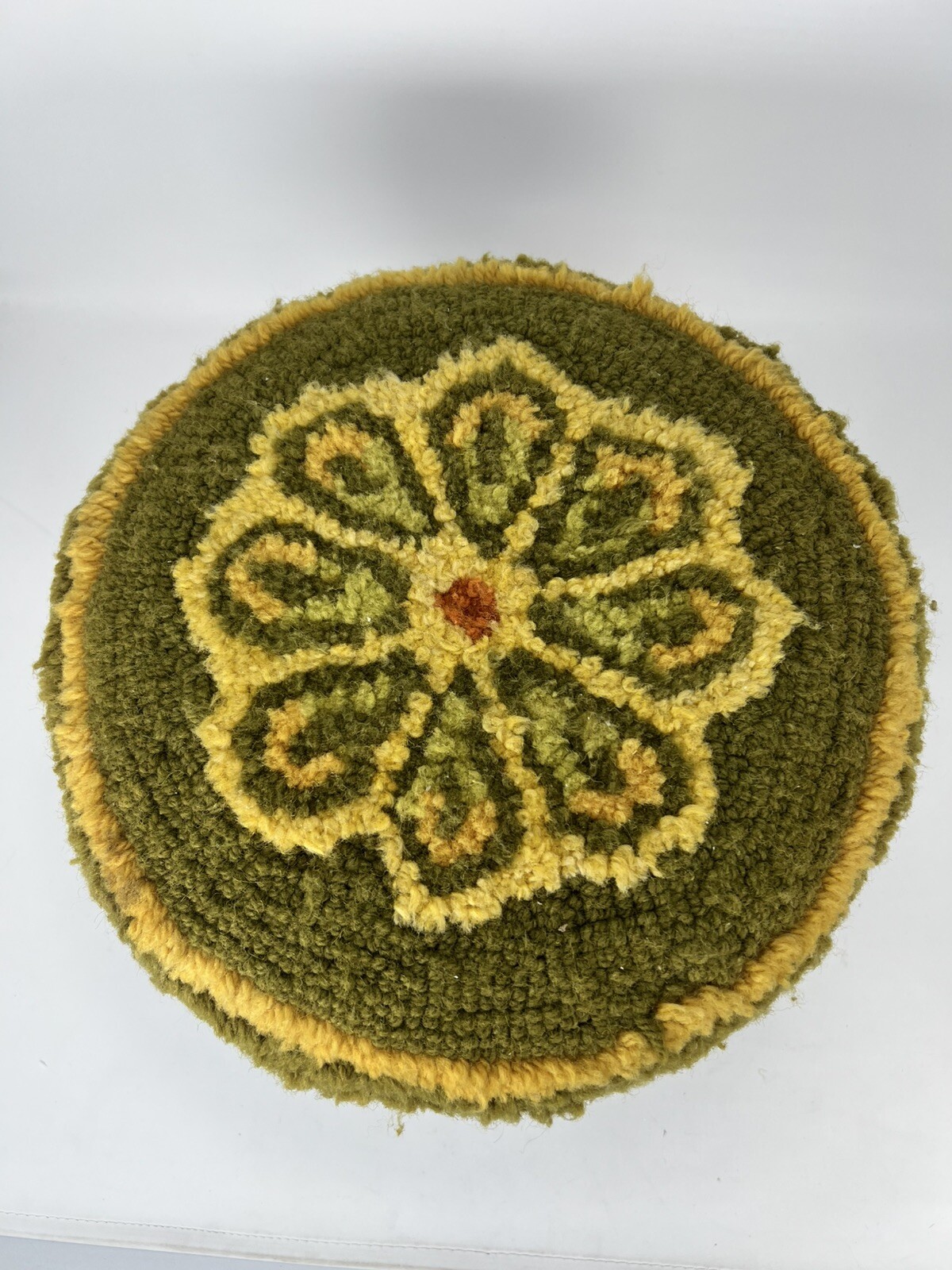 Vtg Round Footstool Floral Hooked Rug Top Wooden Legs MCM 8.75 x 12” Avacado