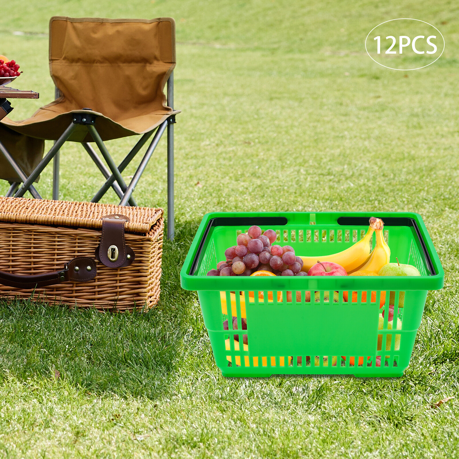 12PCS 28L Mesh Shopping Baskets with Handles Plastic Shopping Basket Portable