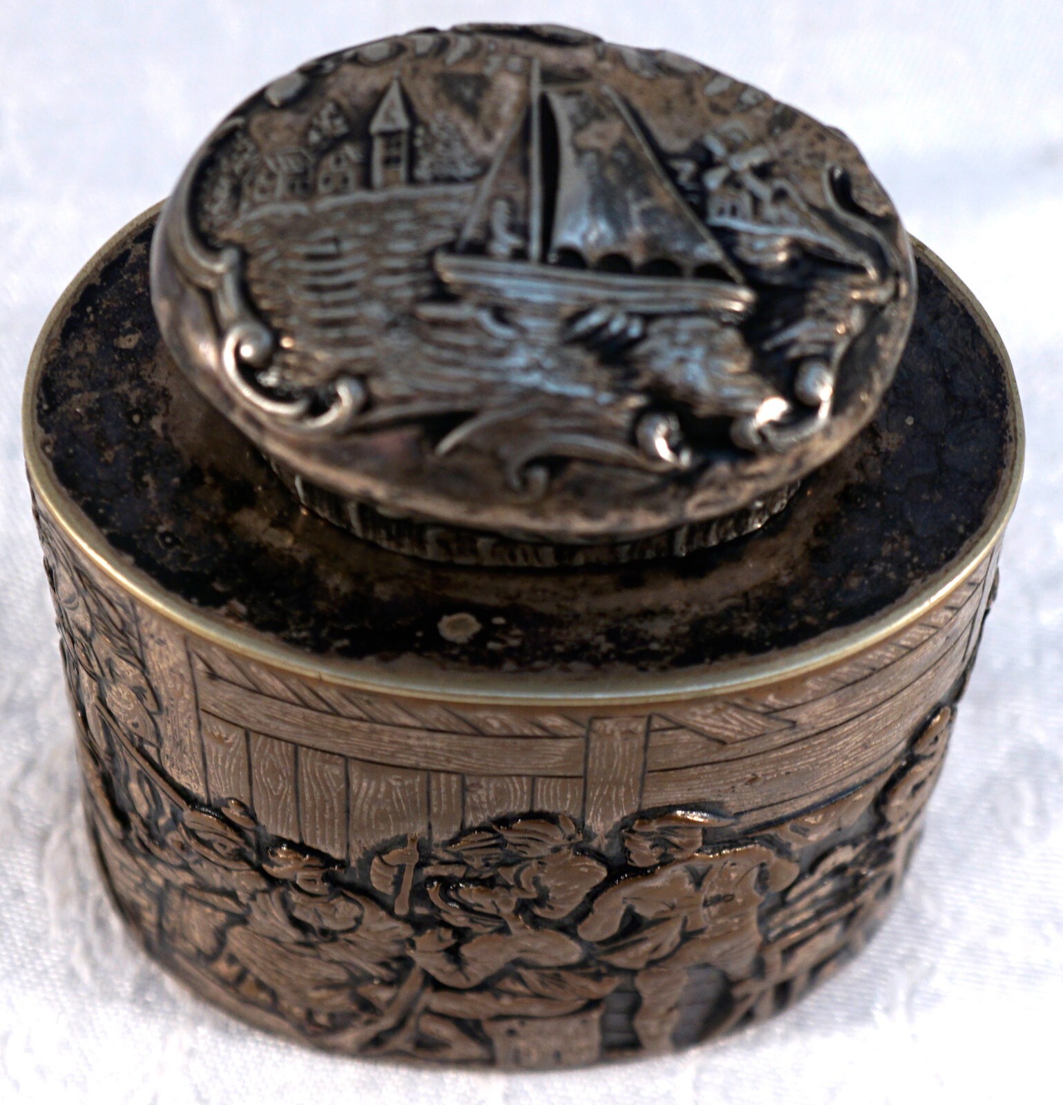 Silver Over Copper Repousse Lidded Jar Scenery of People - Sailboat on Lid