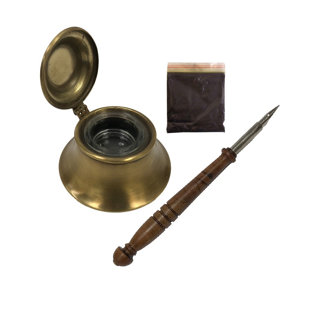 3" Antiqued Brass Inkwell with Removable Glass Bowl, Wood Nib Pen & Ink Powder