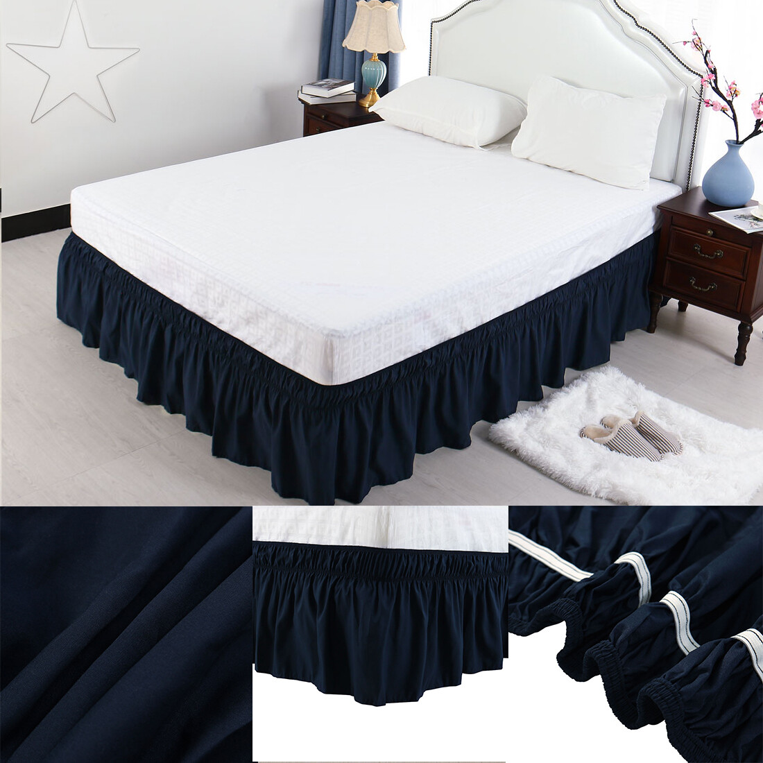 US Ship Wrap Around Bed Skirt Elastic Dust Ruffle 15 Inch Drop 4 Size Wrinkle