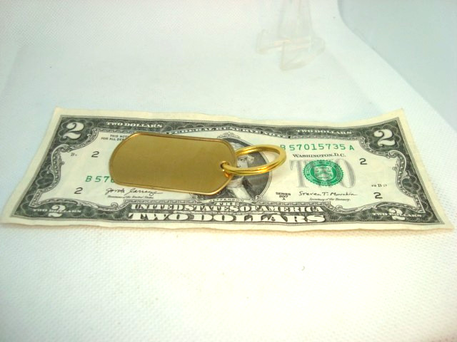 BRASS Military Style Rolled Edge Dog Tag Yellow Brass Finish 1"in. GOLD keyring