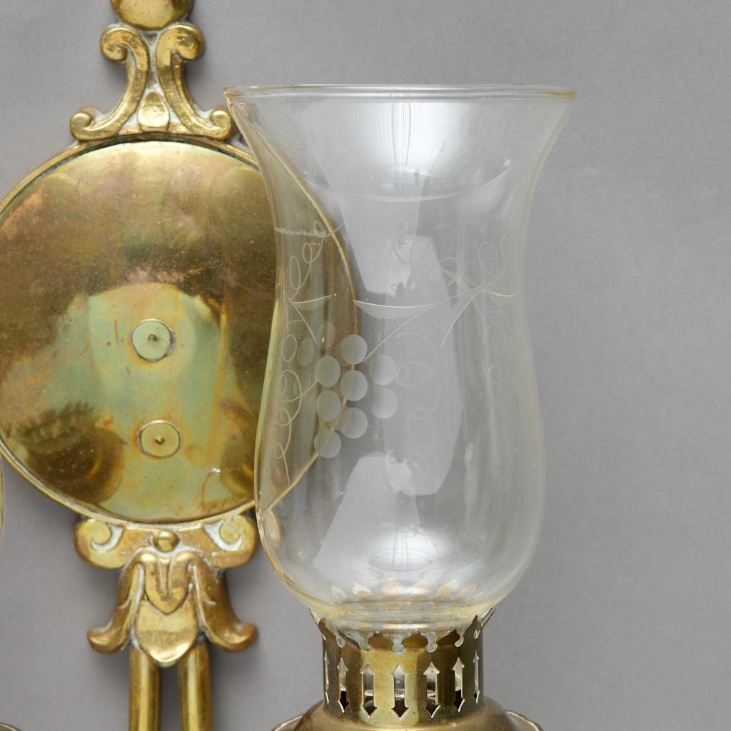 Pair Patinated Brass Etched Grape Glass Hurricane Two Armed Sconces 12.25"h