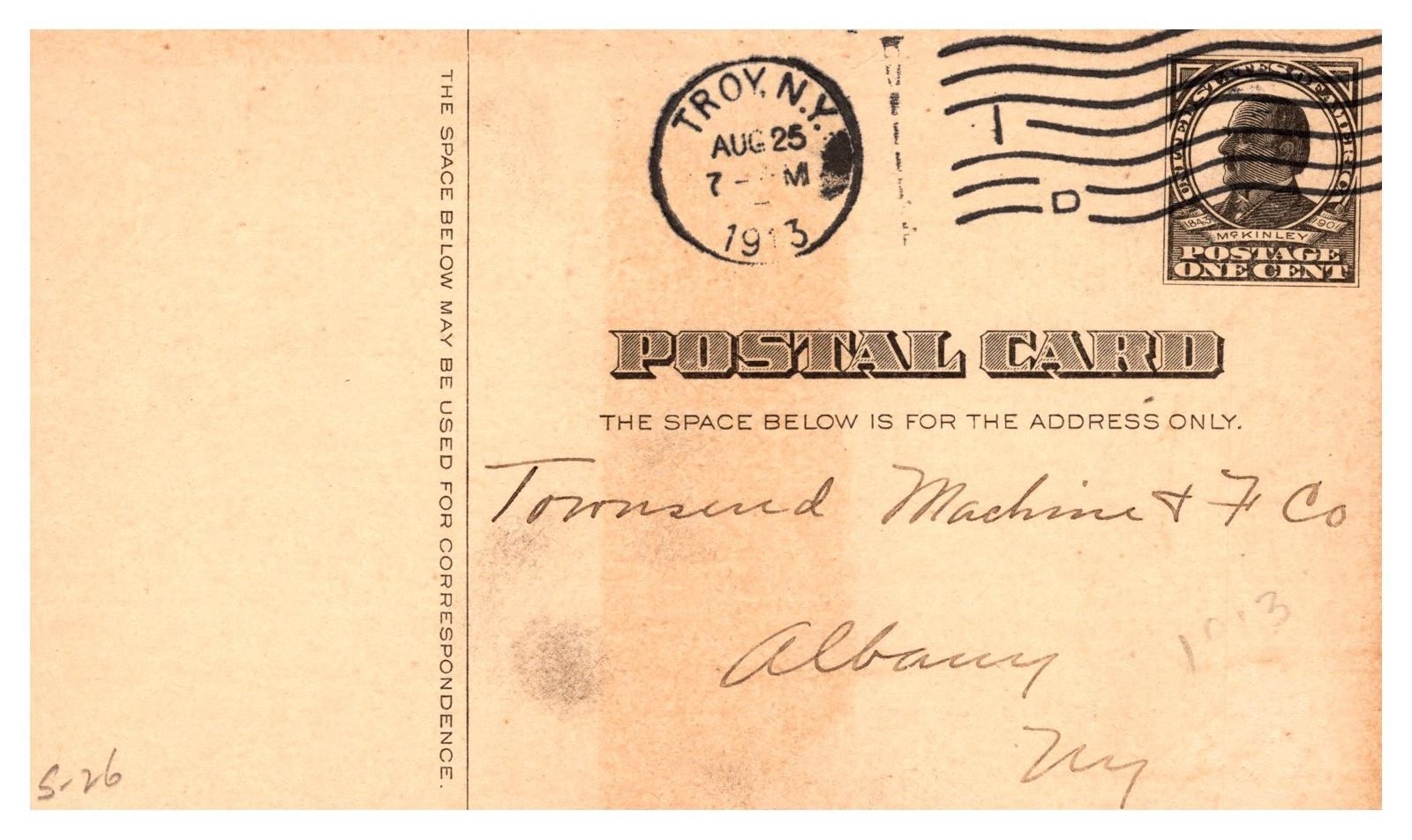 1913 Handwritten Postal Card from Troy NY Townsend Machine Co