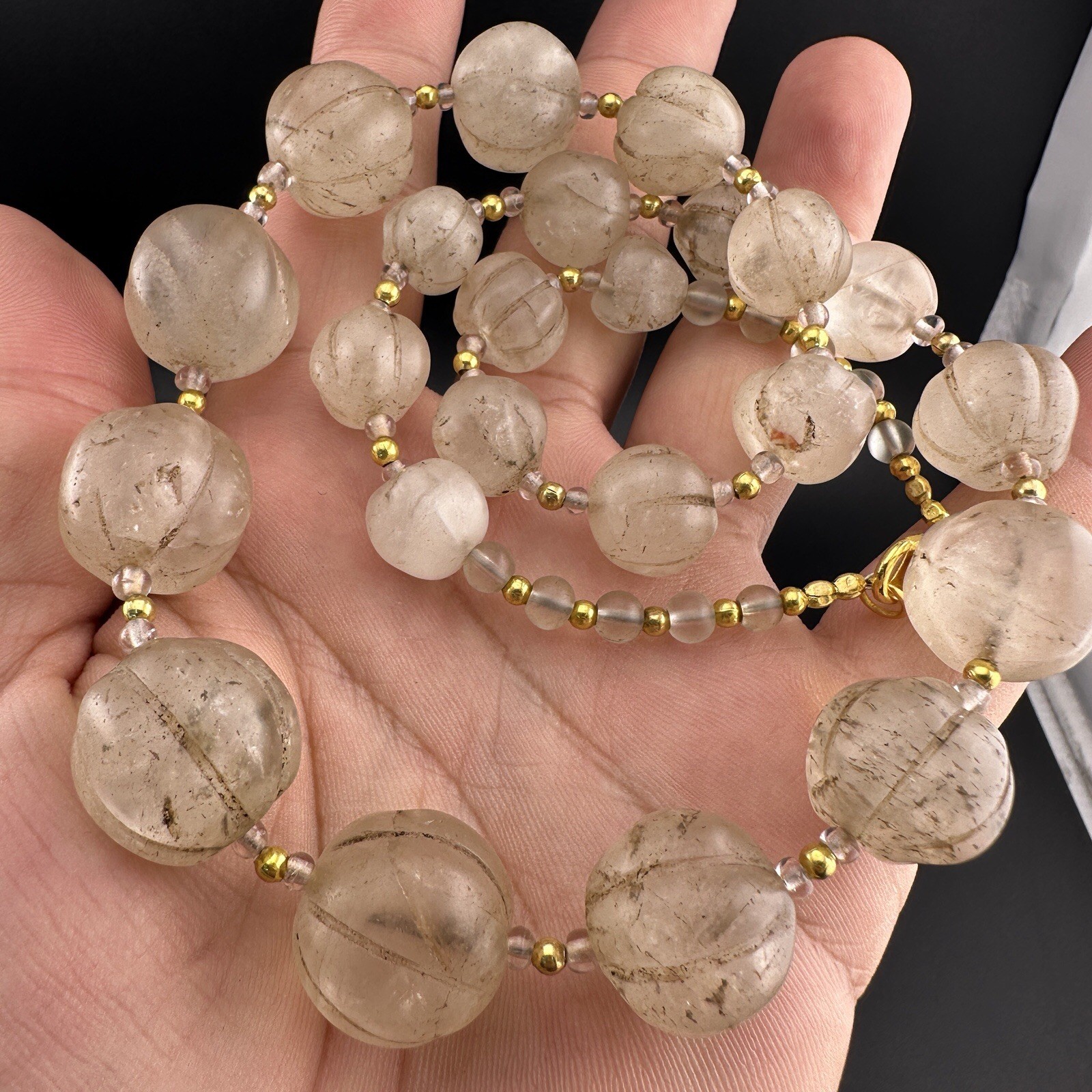 Old Himalayan Regions Crystals ￼ Beads Carving Gold Plated Beads Necklace Rare