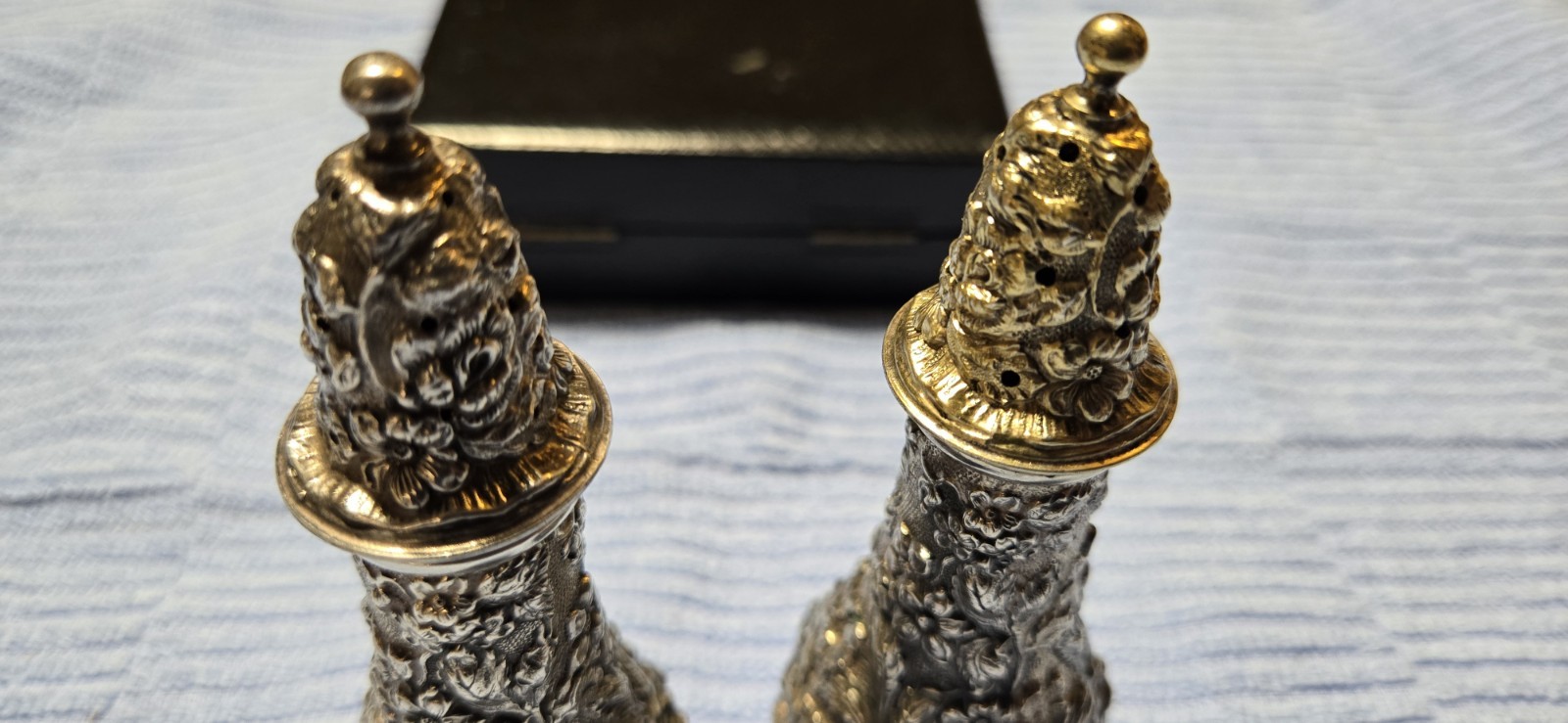 Antique Stieff Repousse Sterling Silver Footed Salt & Pepper Shakers