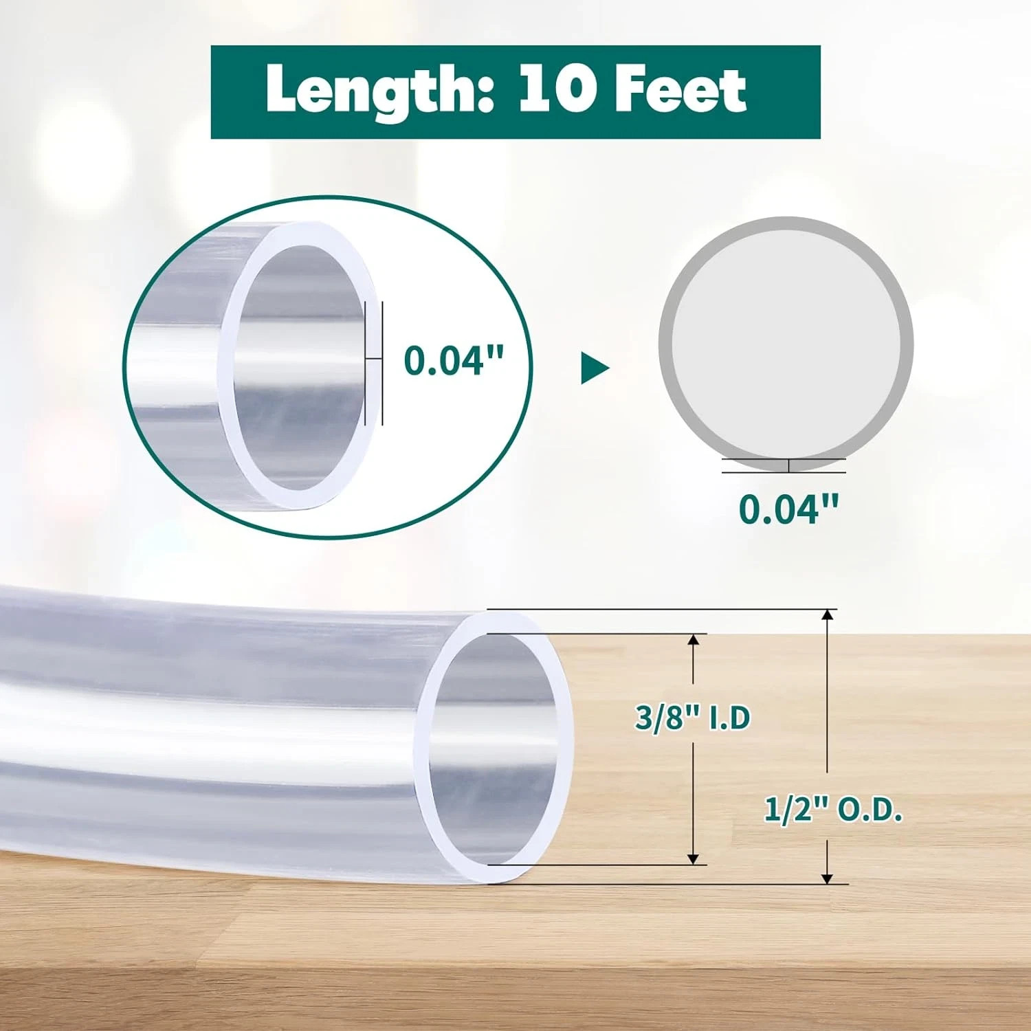 10 Feet - 3/8" ID X 1/2" OD Clear Vinyl Tubing, Flexible PVC Plastic Tubing Hose