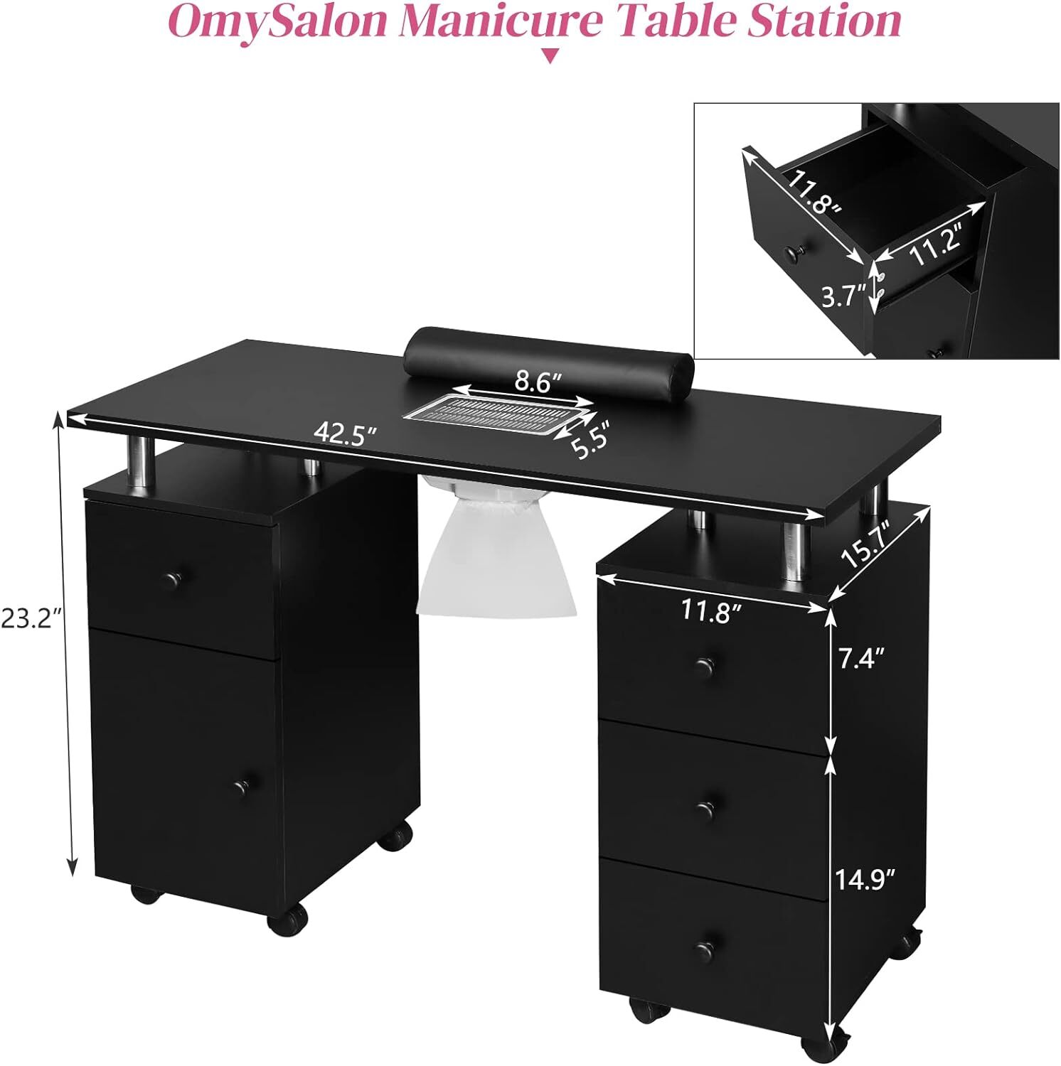 Manicure Table Nail Desk w/Dust Collector & Drawers for Nail Tech, Beauty Salon