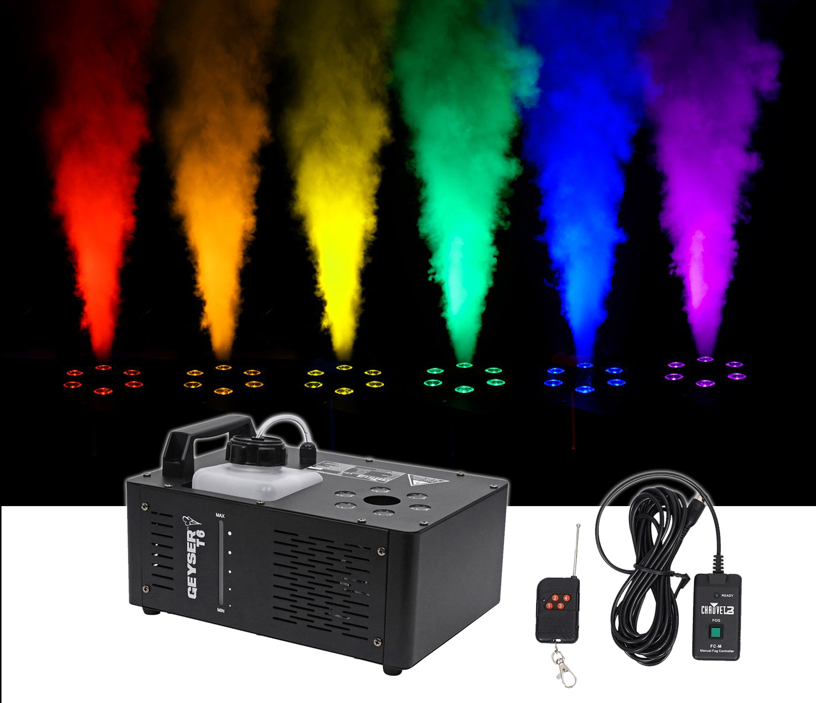 Chauvet DJ Geyser T6 Fog Machine Fogger, LED RGB Pyrotechnic Light Effect+Remote